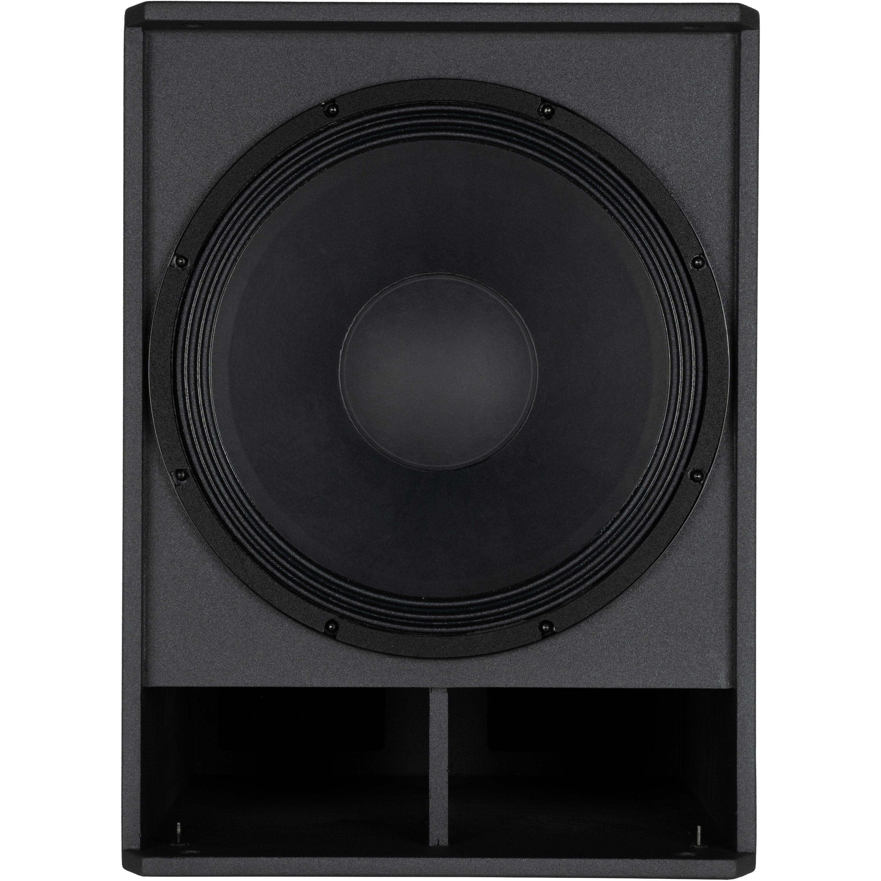 Black subwoofer with large speaker and two lower openings.