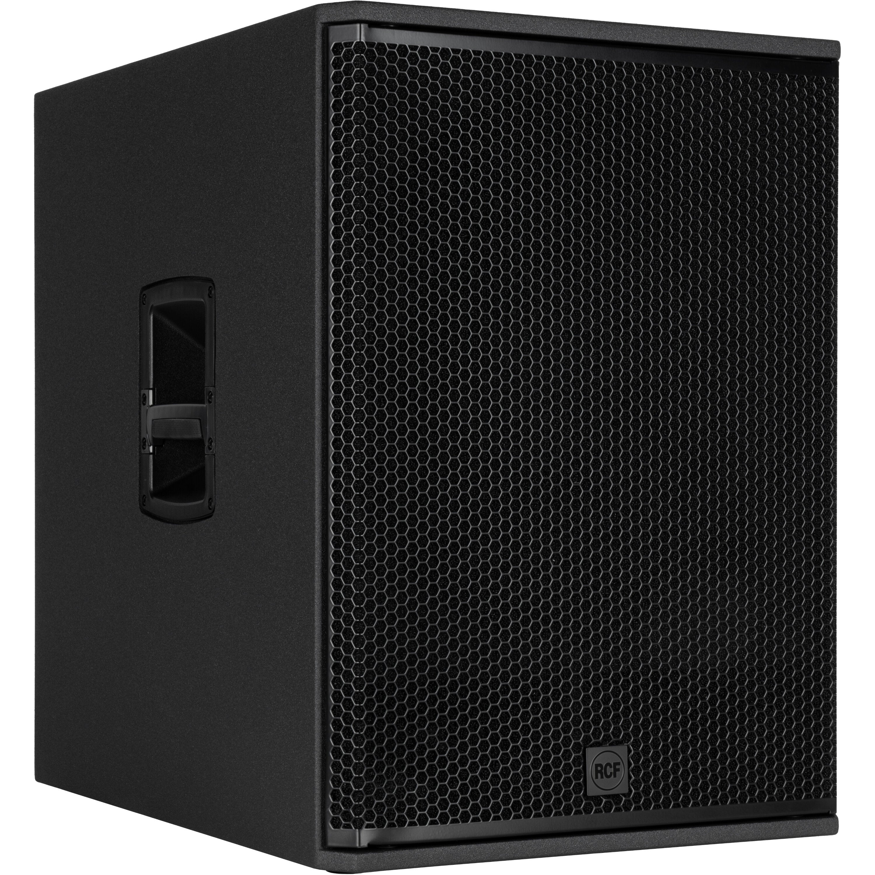Black subwoofer with honeycomb grille and handle.