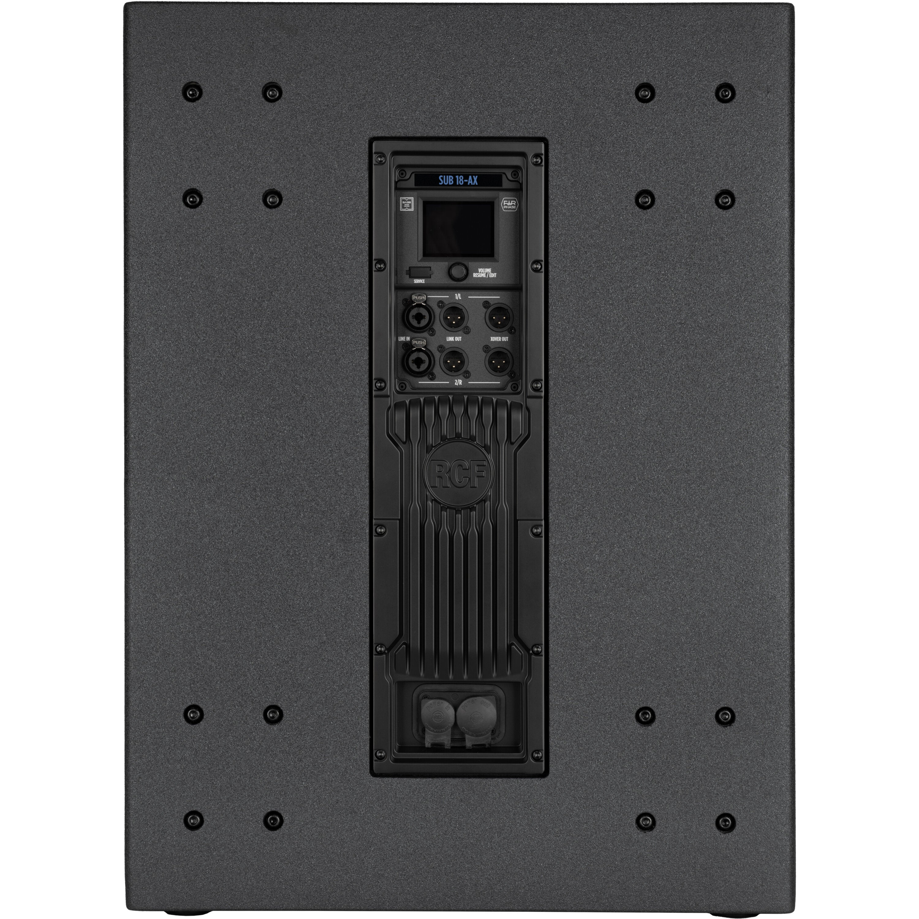 Back of a black subwoofer with connections and labels.
