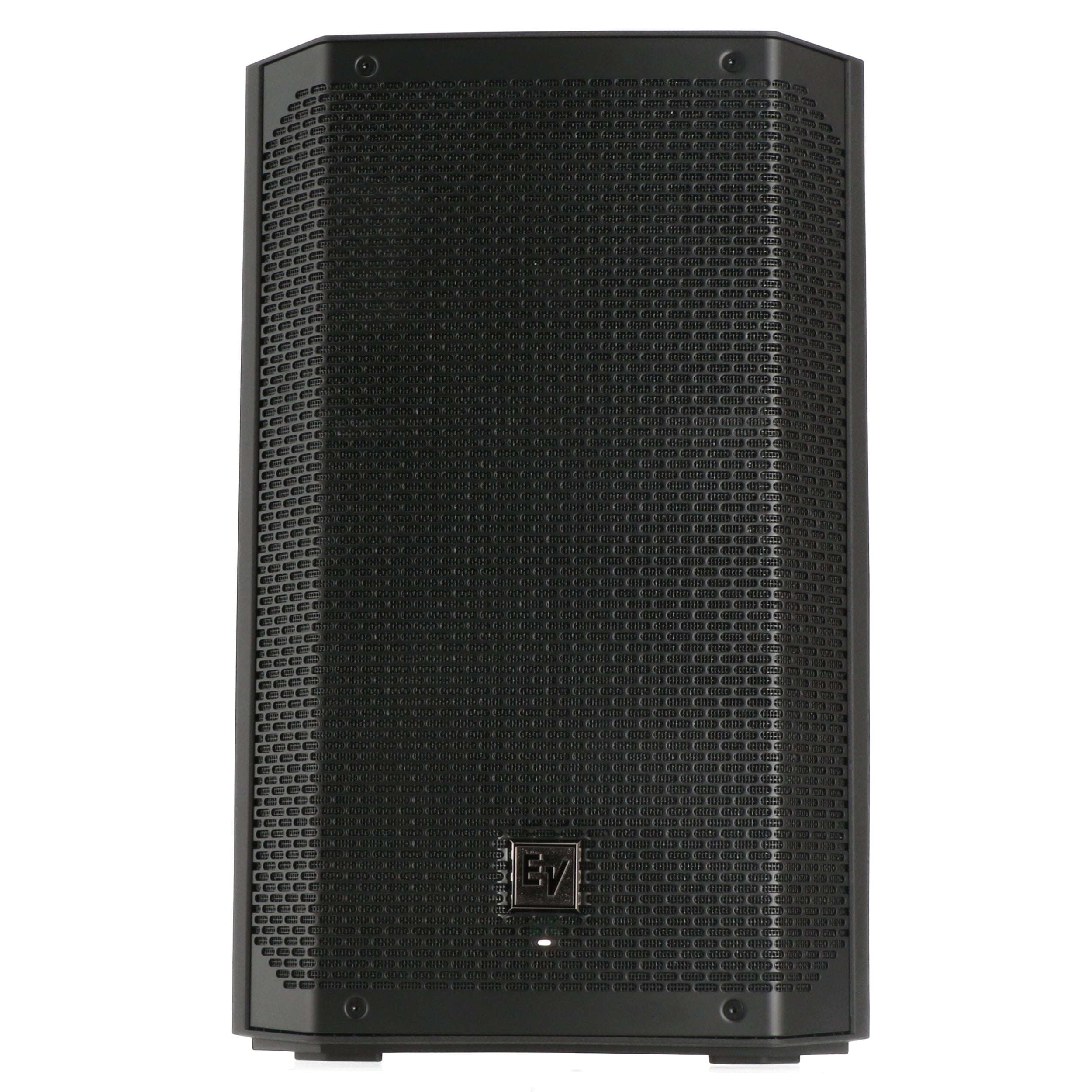 A black speaker with an EV logo and a grille pattern.