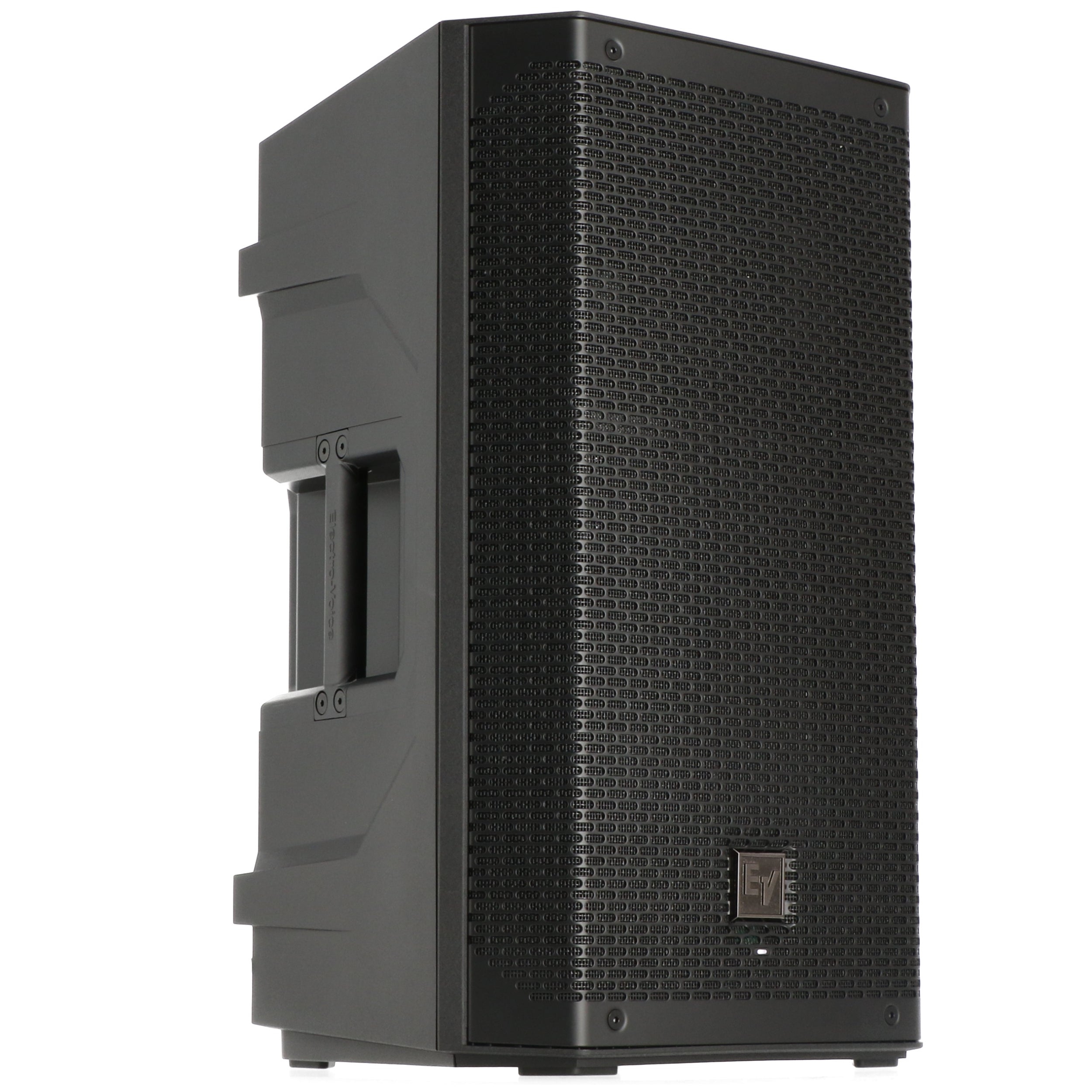Black speaker with grille pattern and EV logo. White background.