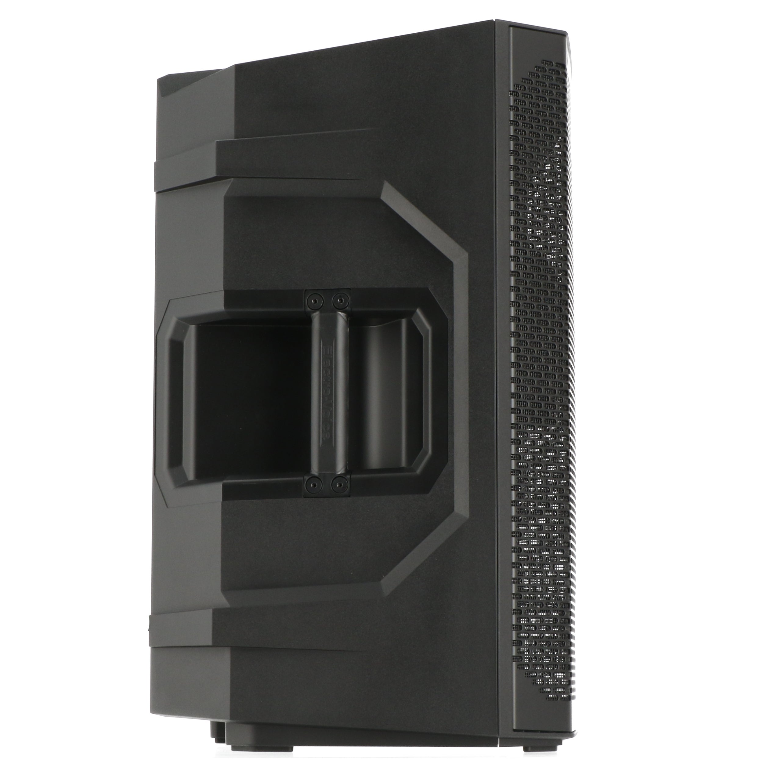 Black speaker with a handle and a perforated grille on the side.