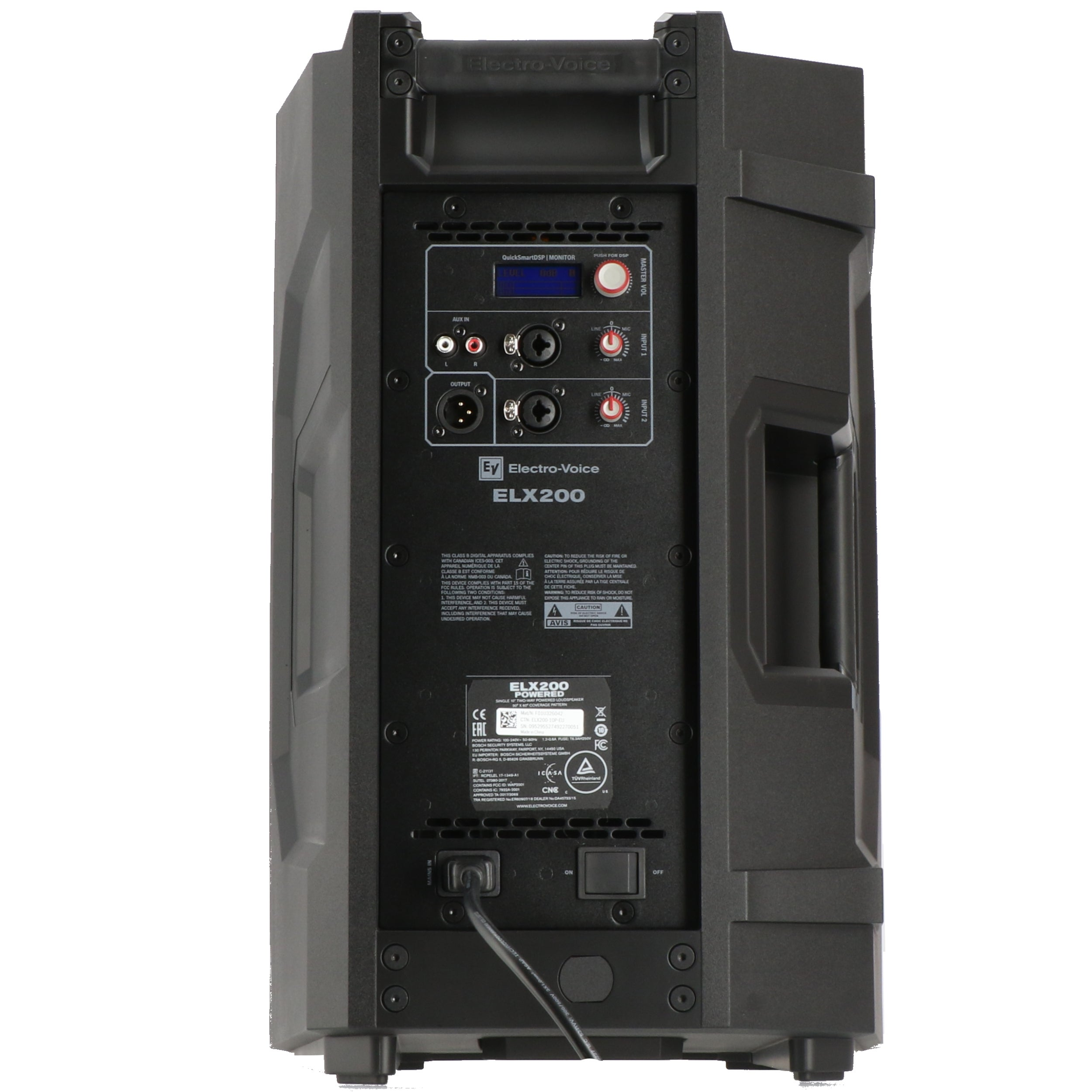 Back of a black Electro-Voice ELX200 speaker showing ports and controls.
