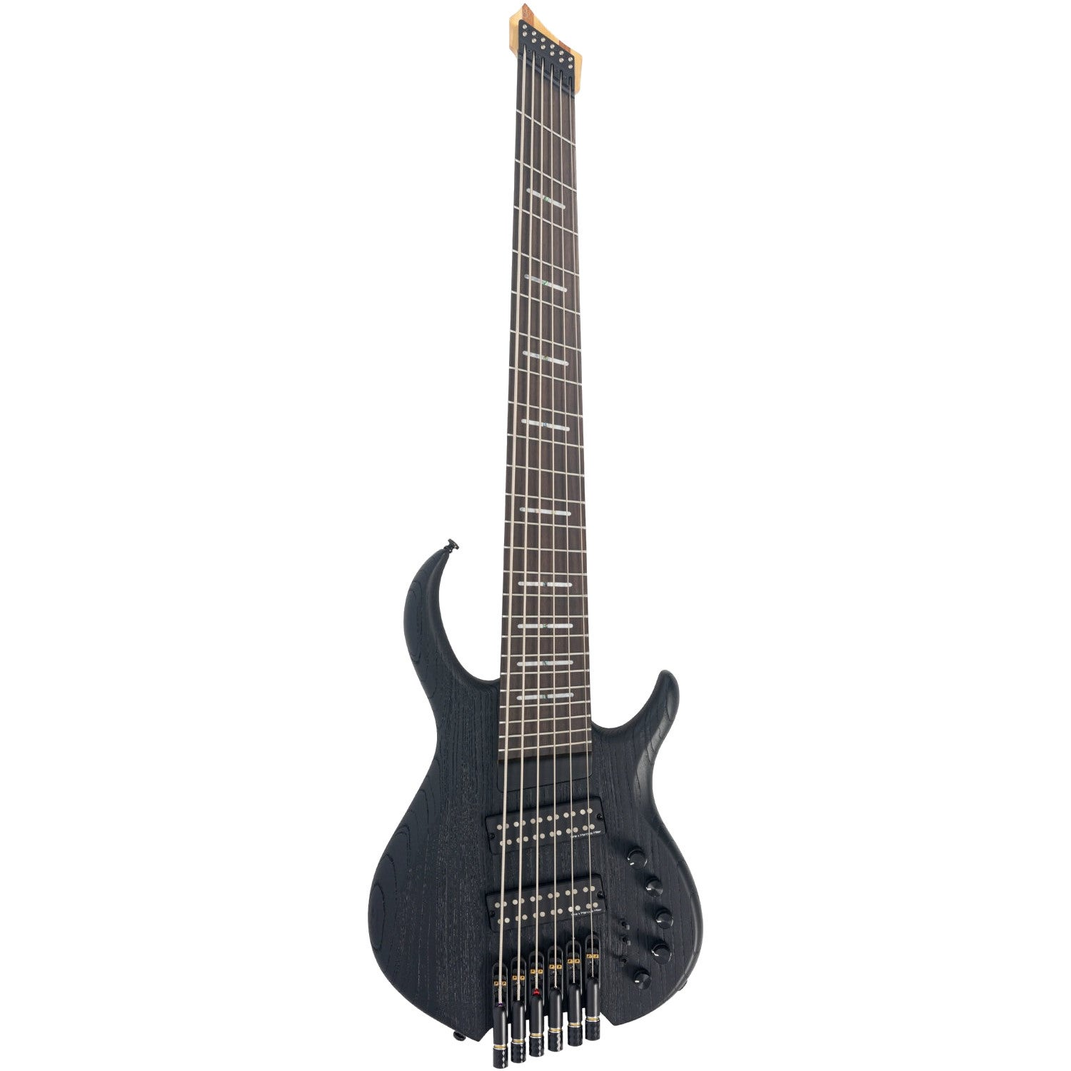 Zwarte 7-snarige basgitaar met houtnerf en zilveren hardware.