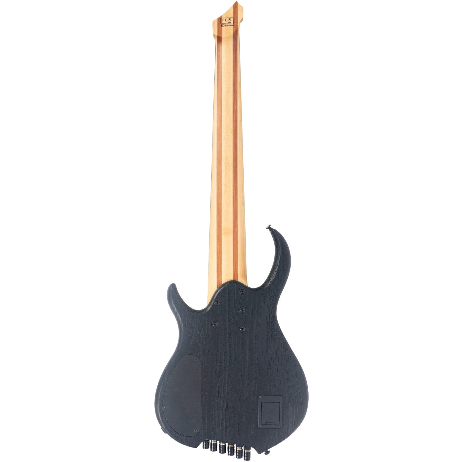 Achterkant van een zwarte elektrische basgitaar met licht houten toets en zes snaaraansluitingen.