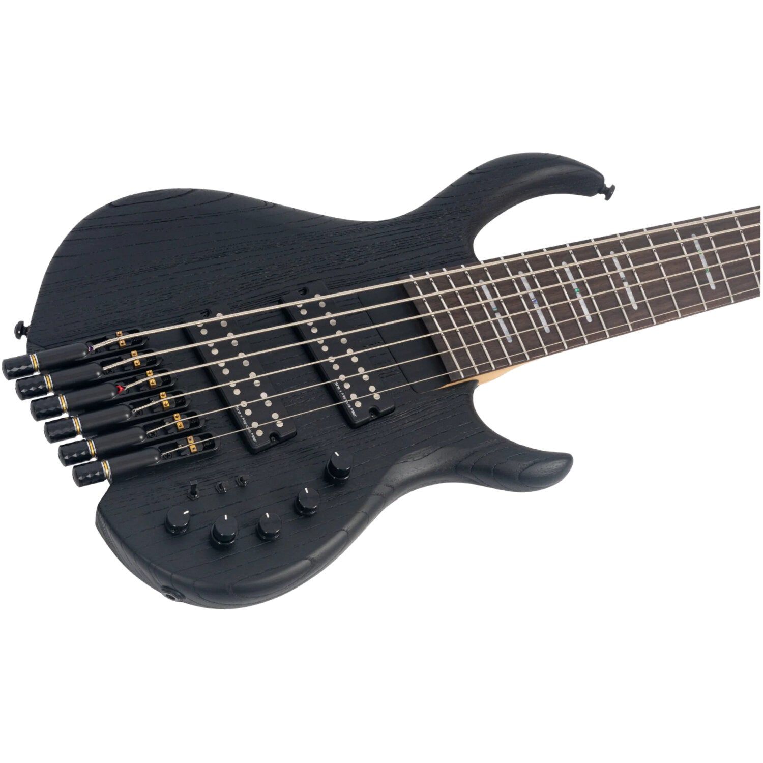 Zwarte 6-snarige basgitaar met houtnerf, metalen hardware en knoppen.