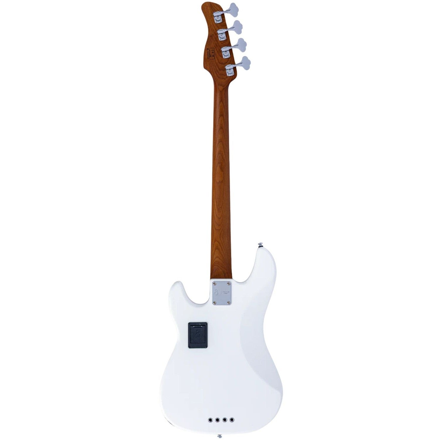 Back view of a white bass guitar with a brown neck and silver tuning pegs.