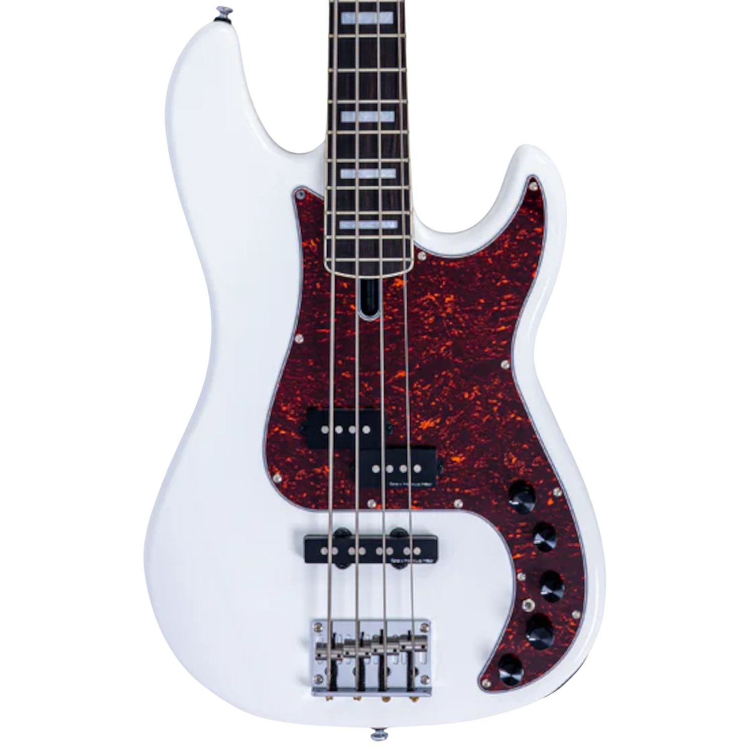 White bass guitar with tortoise shell pickguard, black knobs, and silver bridge.