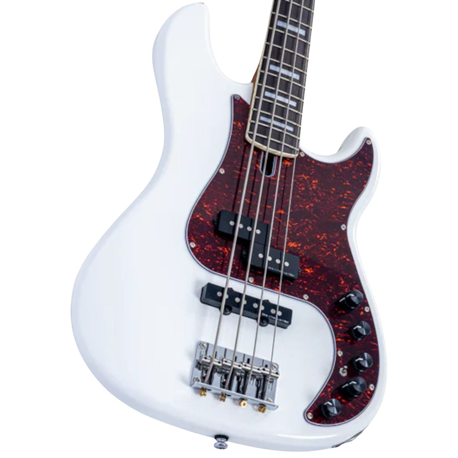 A white electric bass guitar with a tortoiseshell pickguard and black knobs.