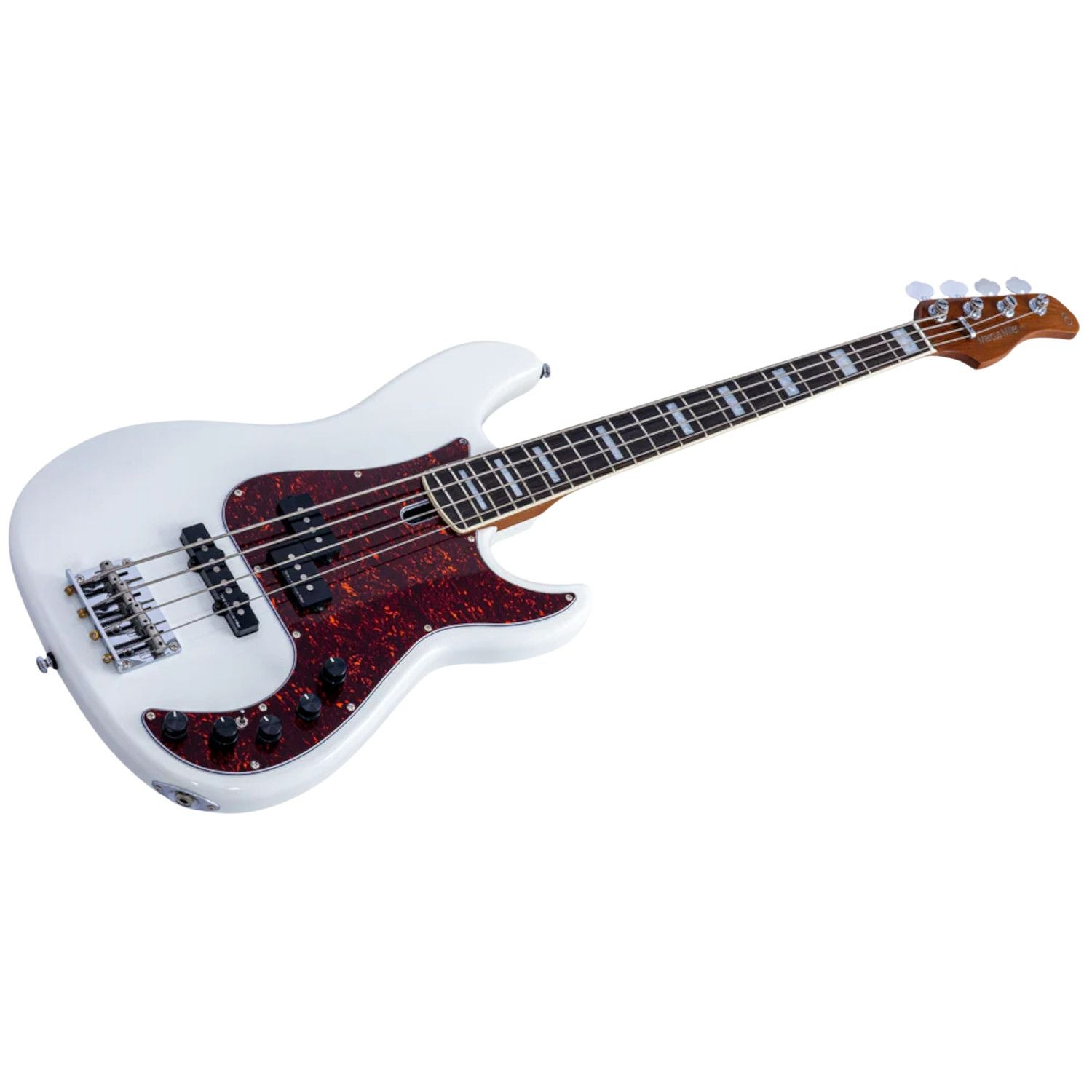 A white electric bass guitar with a tortoiseshell pickguard and silver hardware.