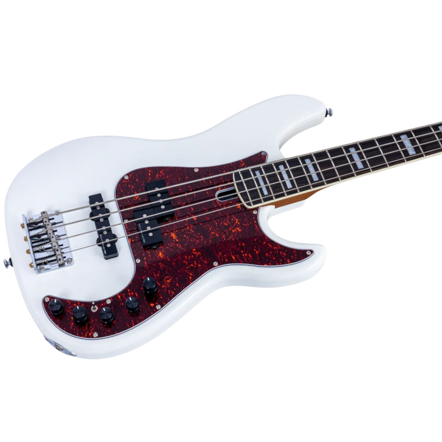 White electric bass guitar with tortoiseshell pickguard and black control knobs.