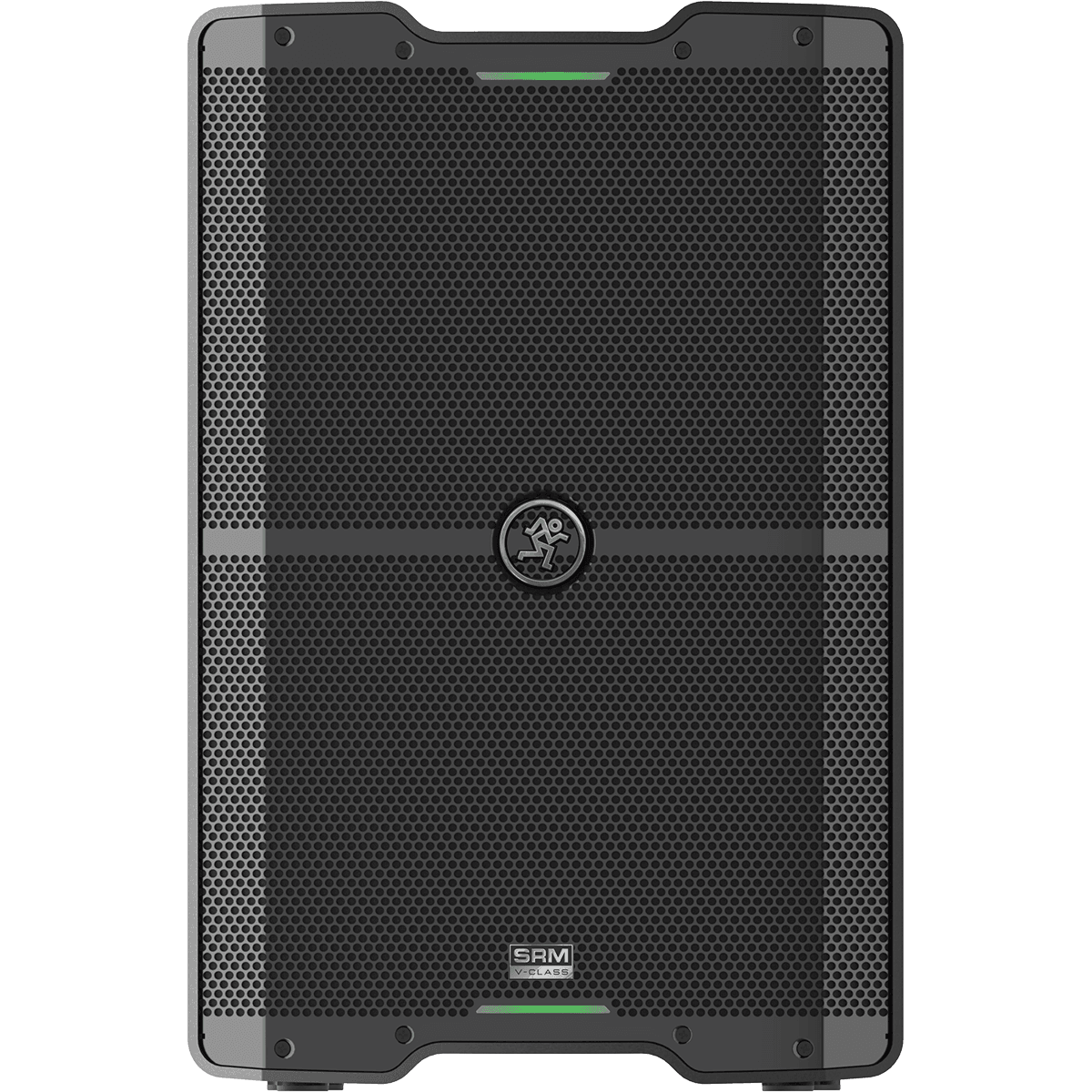 Black Mackie SRM V-Class speaker with perforated grille and logo.