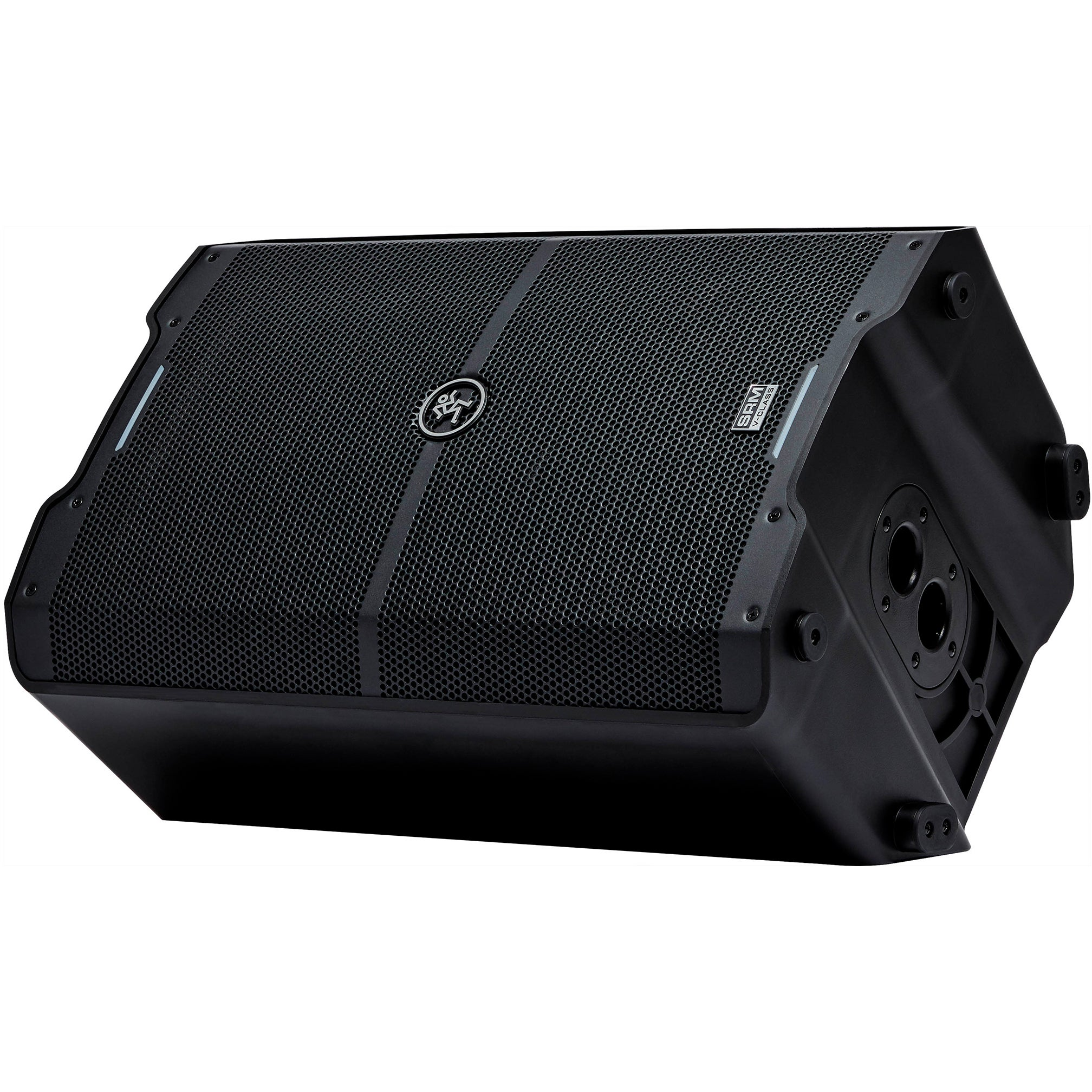 Black speaker with a grille front and silver logo, isolated on a white background.