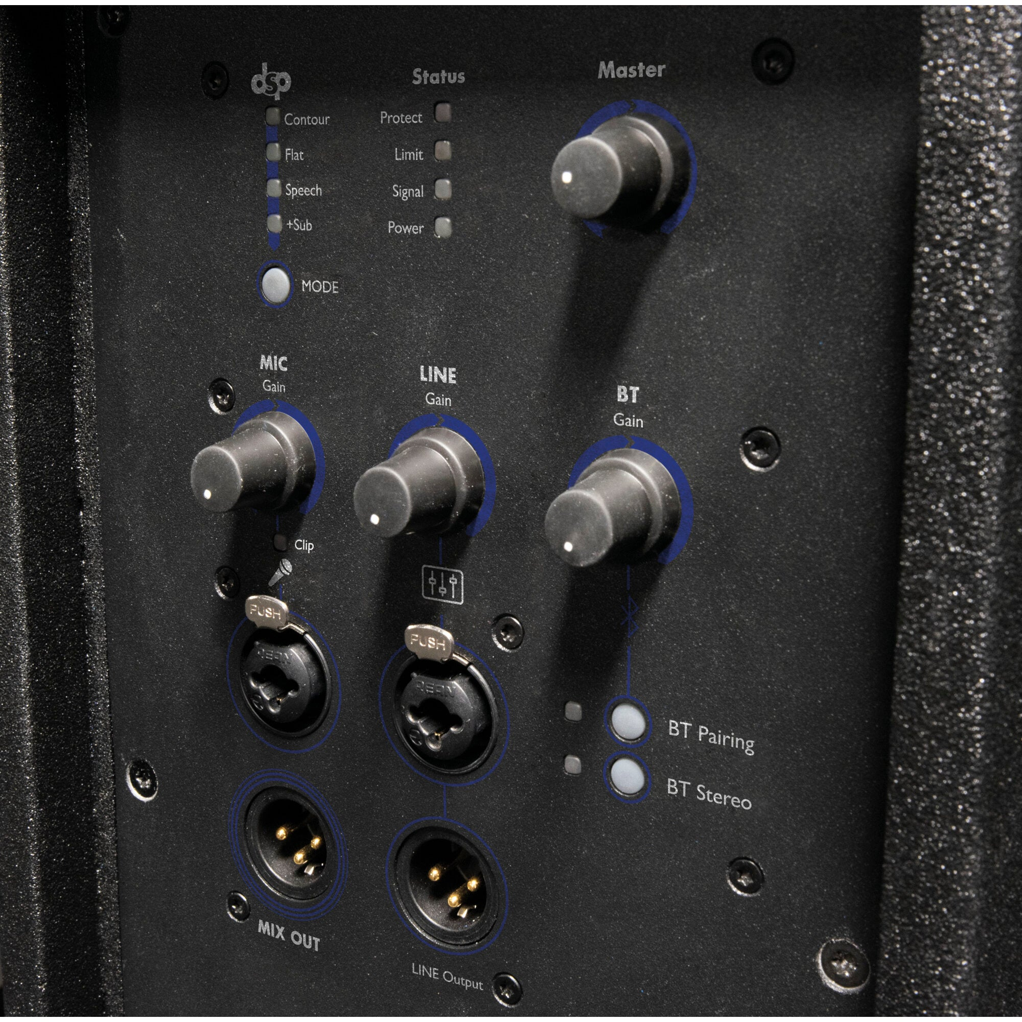 Control panel with knobs, ports, and status LEDs for audio equipment.