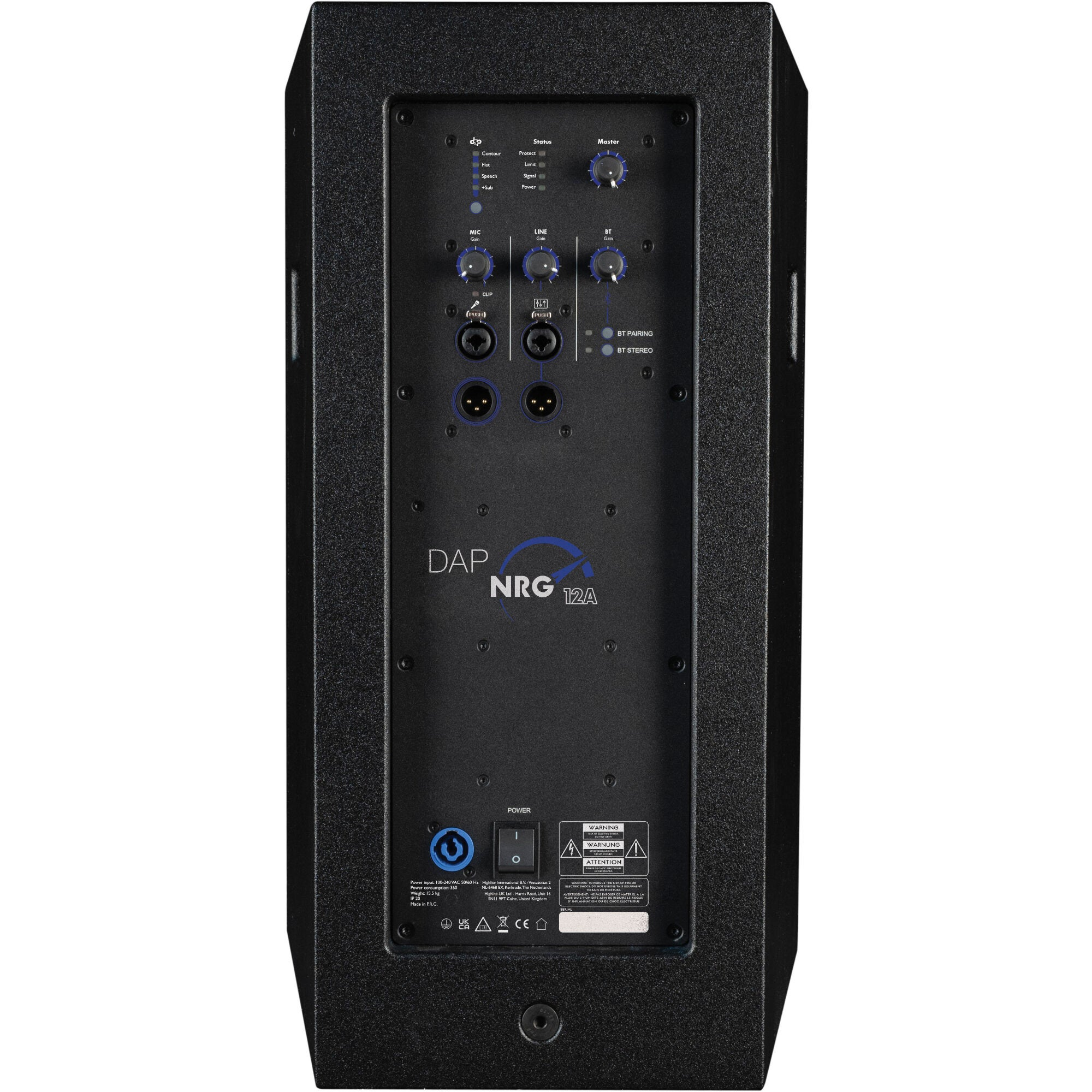 Back of a black speaker with ports, knobs, and warning labels. DAP NRG 12A.
