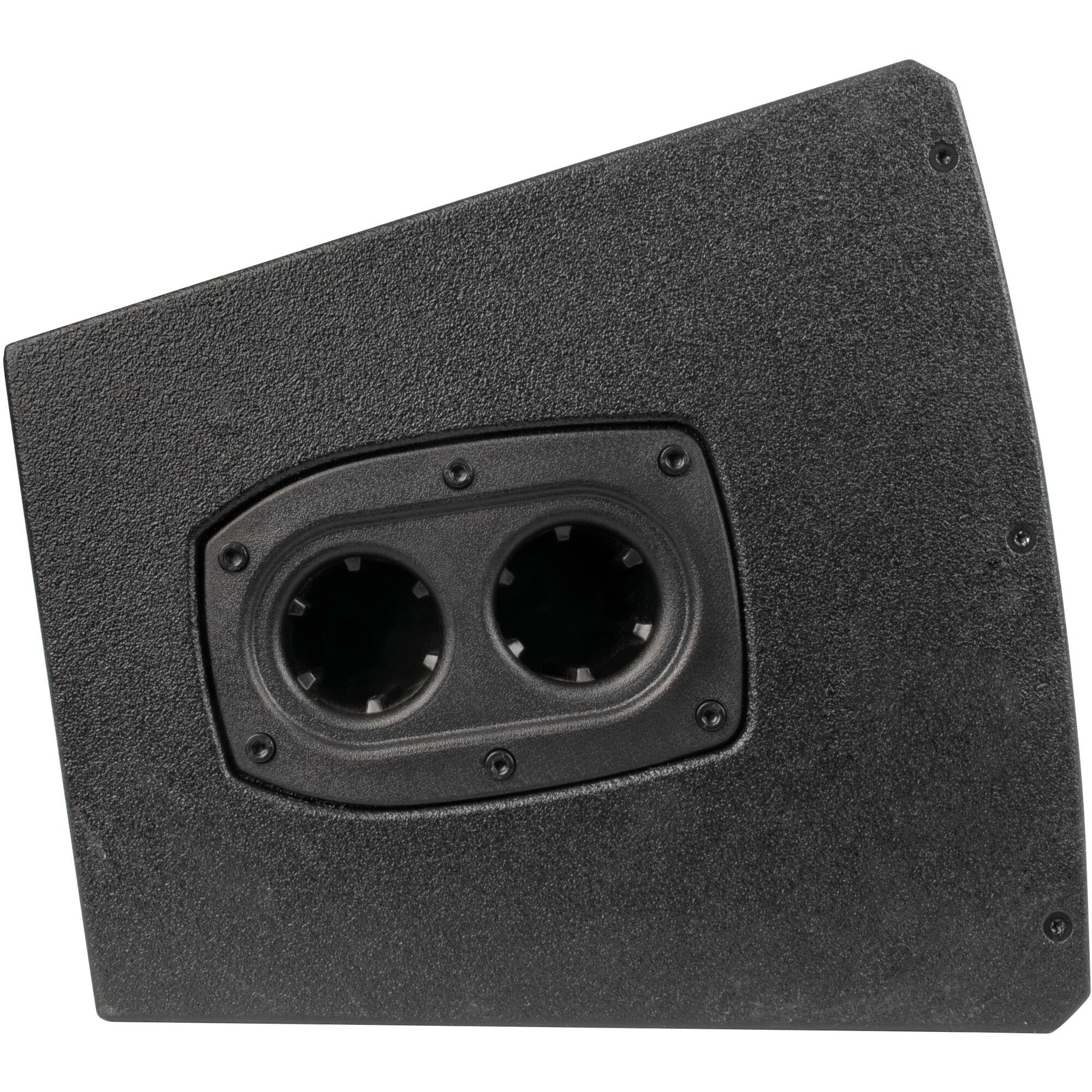 Black speaker with two round openings and screws.