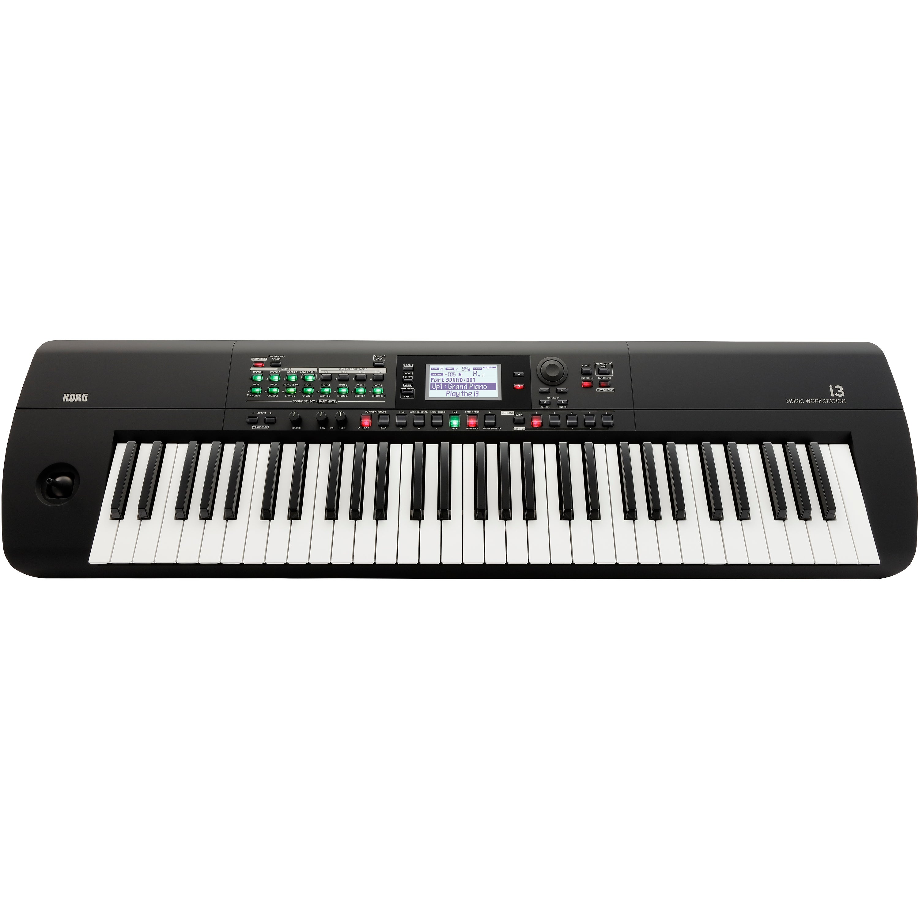 Czarny keyboard Korg i3 Music Workstation z klawiszami i panelem sterowania.