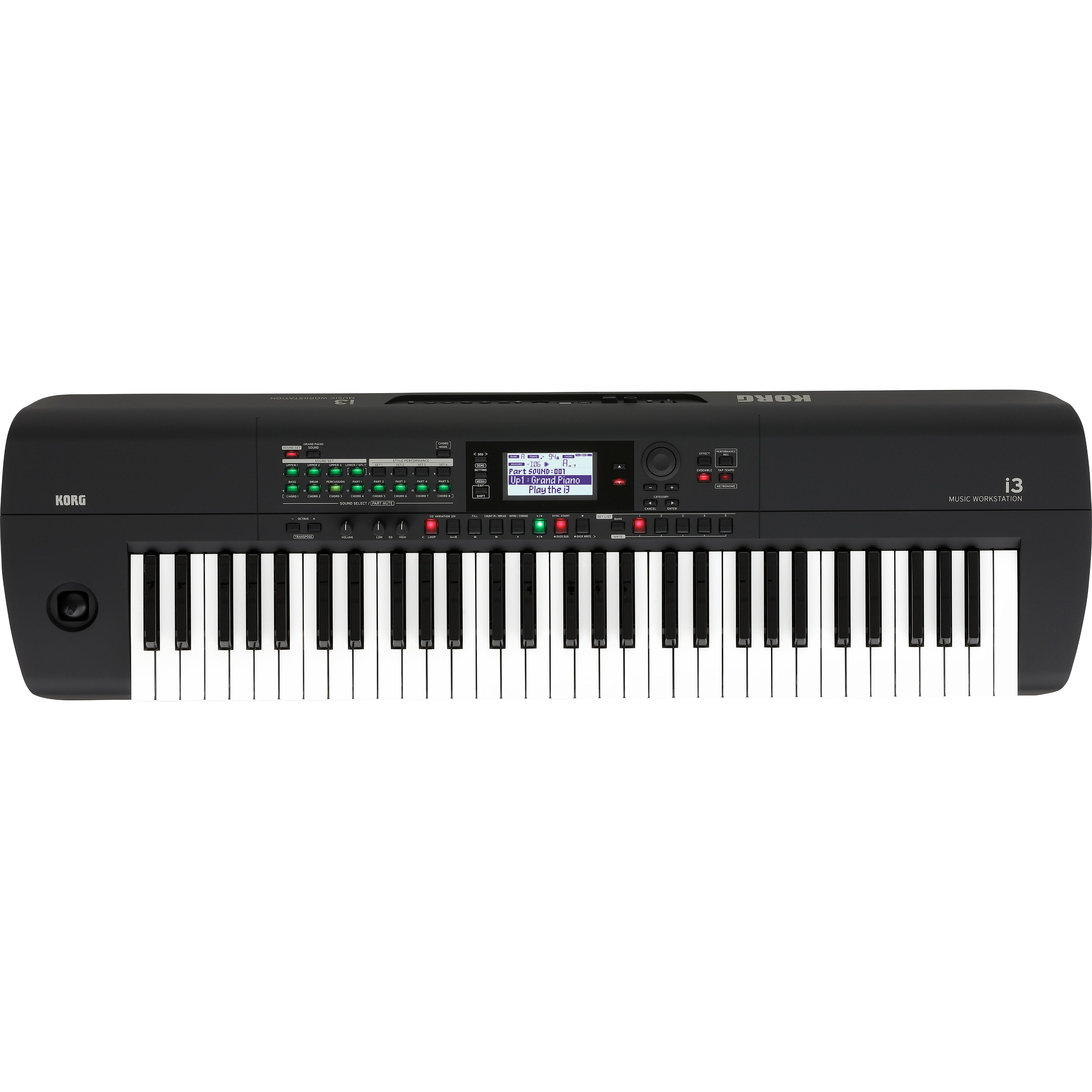 Czarna klawiatura Korg i3 Music Workstation z wieloma przyciskami i ekranem.