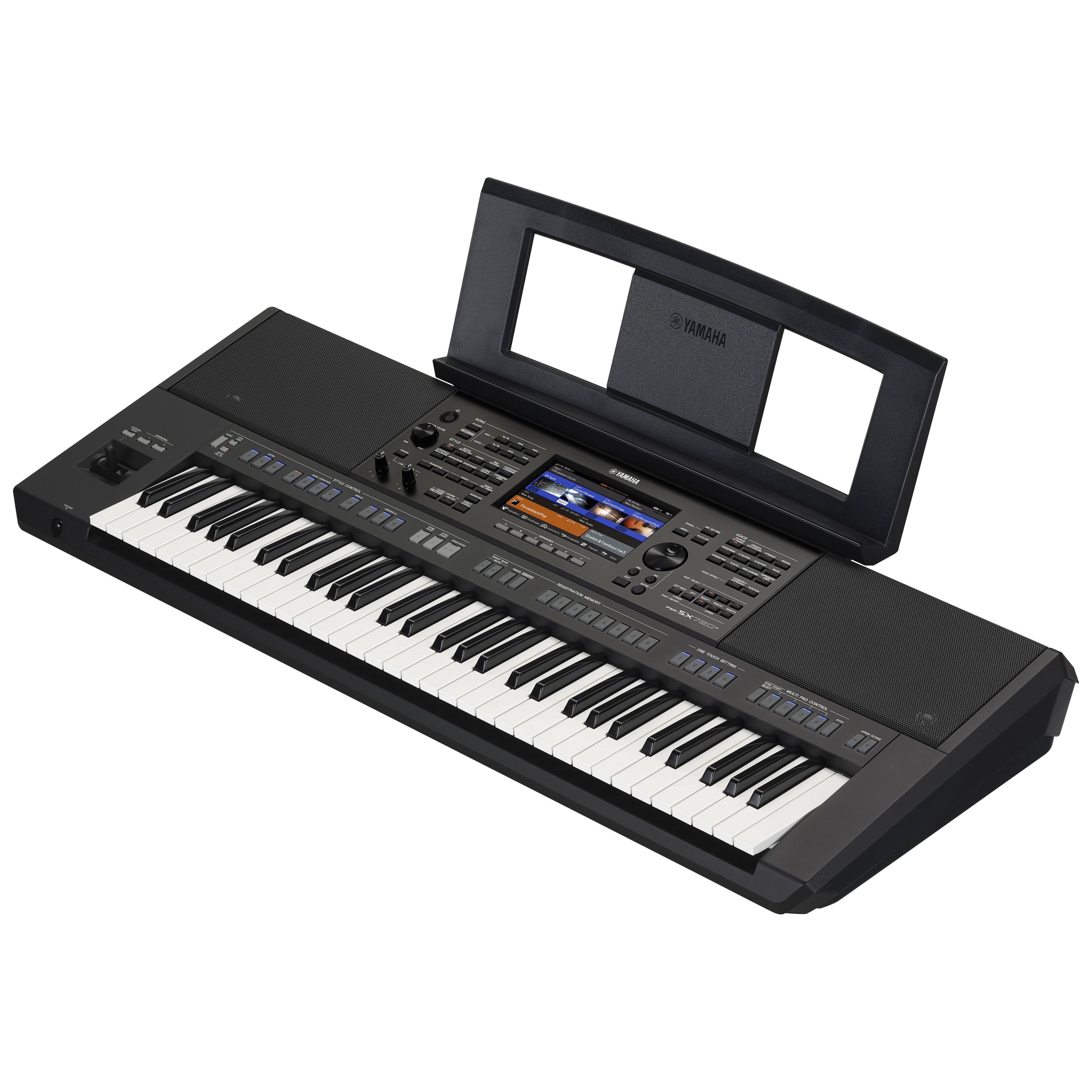Een zwart Yamaha PSR-SX720+ keyboard met lessenaar en bedieningspaneel.