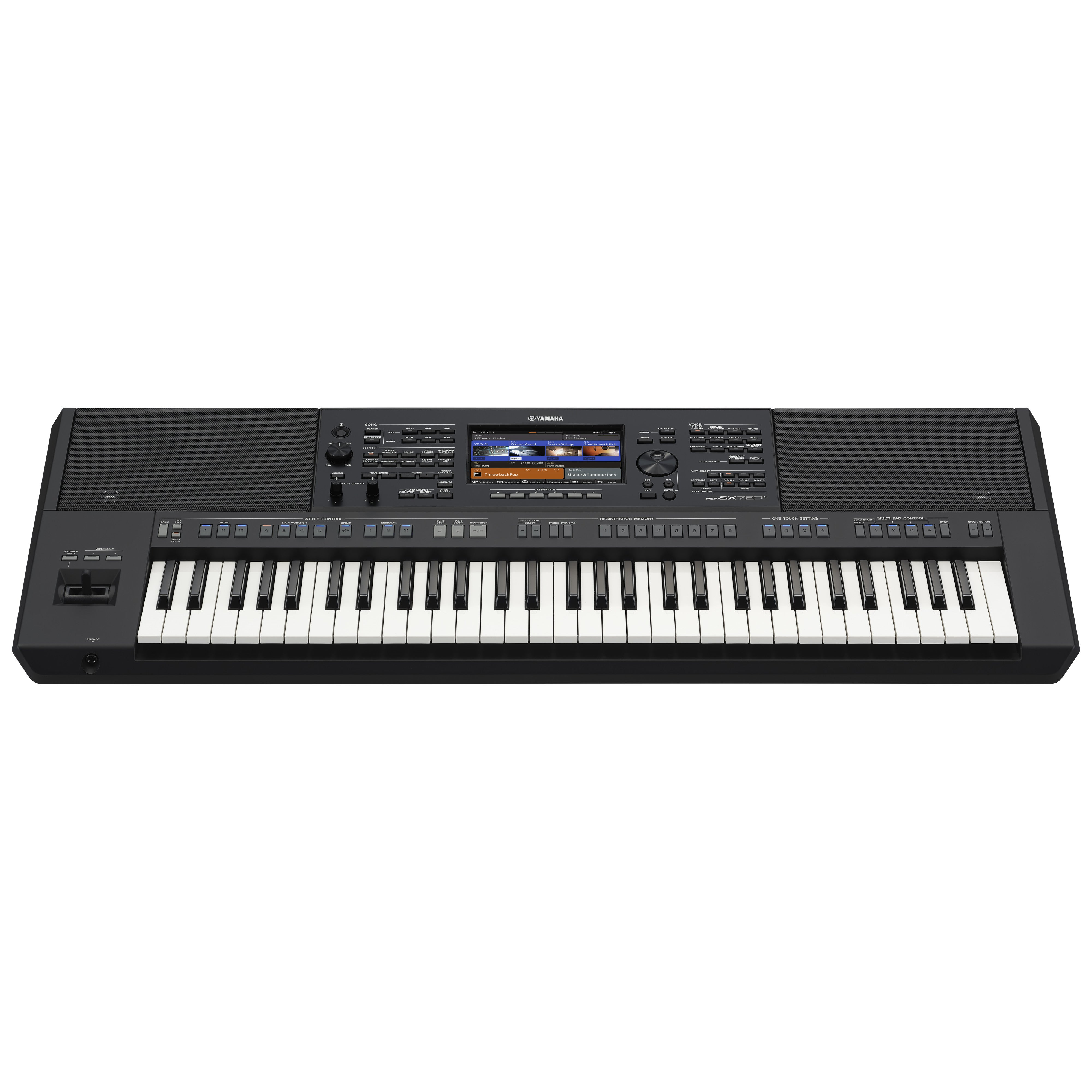 Een zwart Yamaha PSR-SX720 keyboard met toetsen, scherm en bedieningsknoppen.