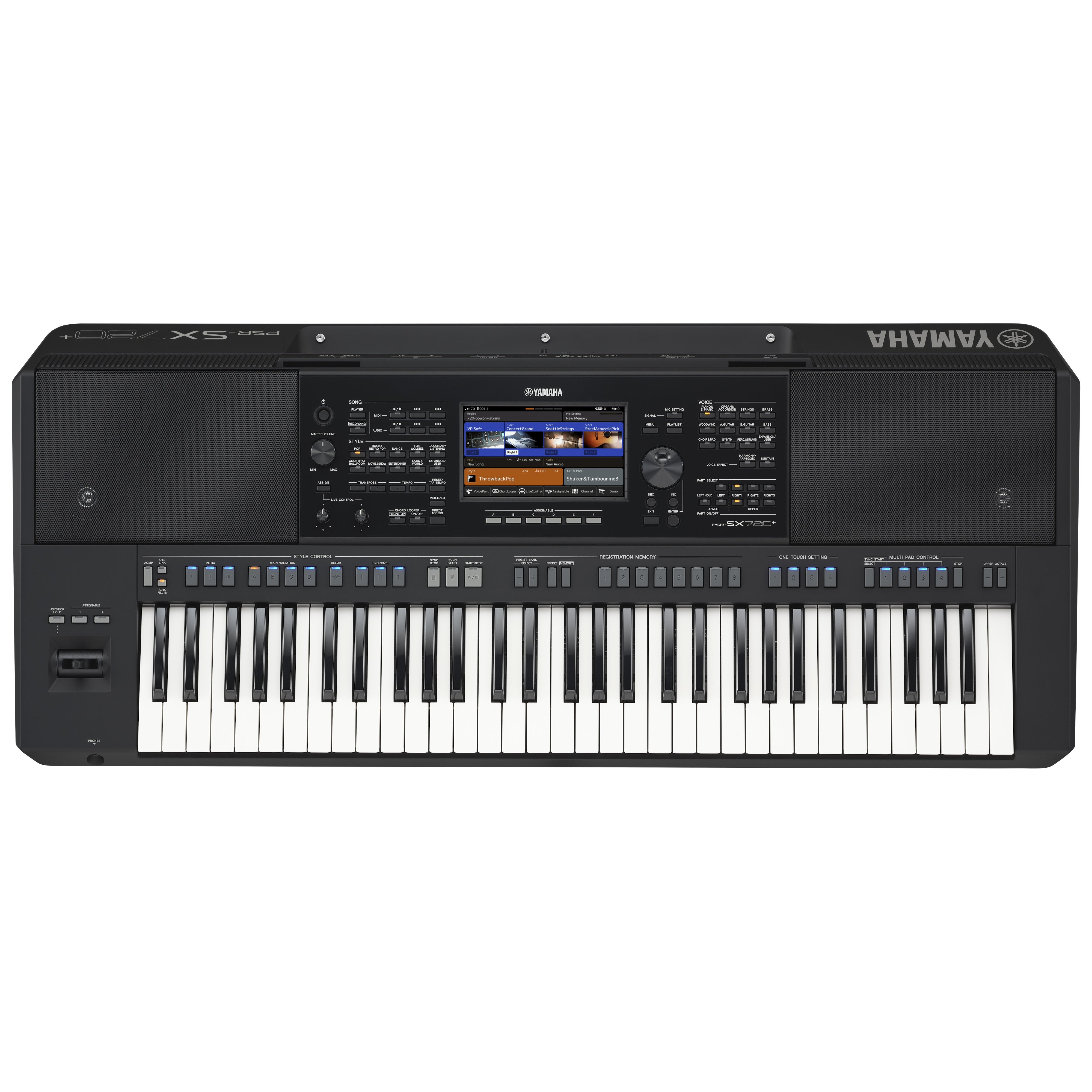 Zwart Yamaha PSR-SX720+ keyboard met toetsen, scherm en vele knoppen.