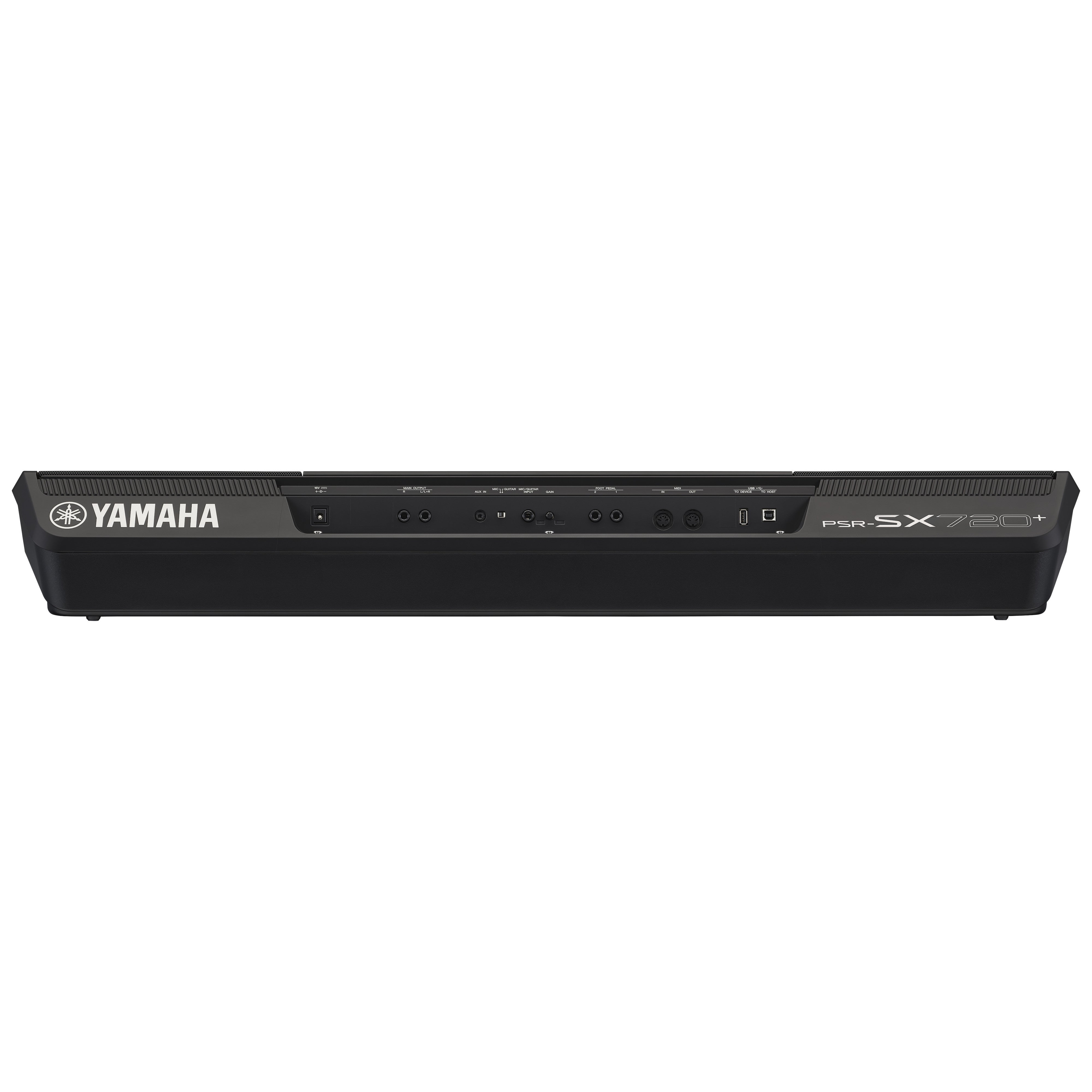 Achterkant van een zwart Yamaha PSR-SX720+ keyboard met diverse poorten.