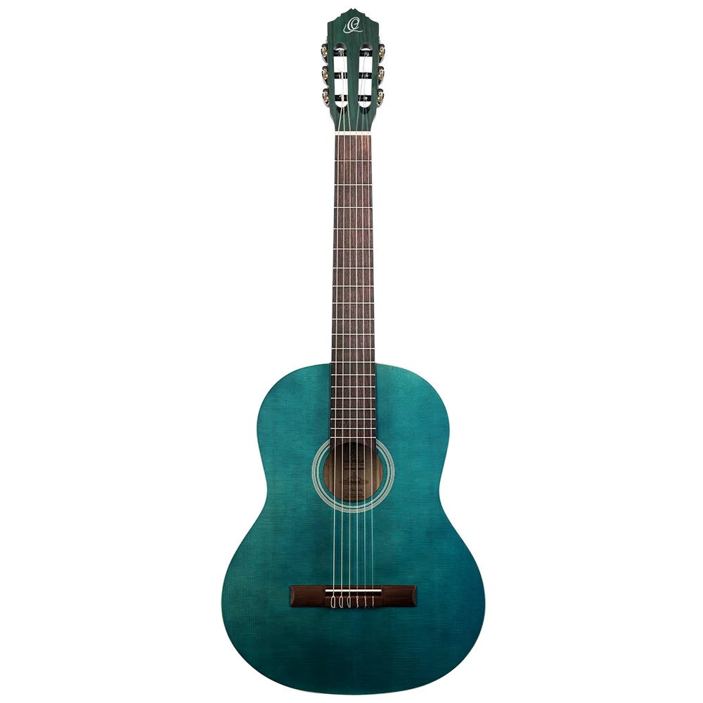 Een teal akoestische gitaar met zes snaren en zilveren stemknoppen.