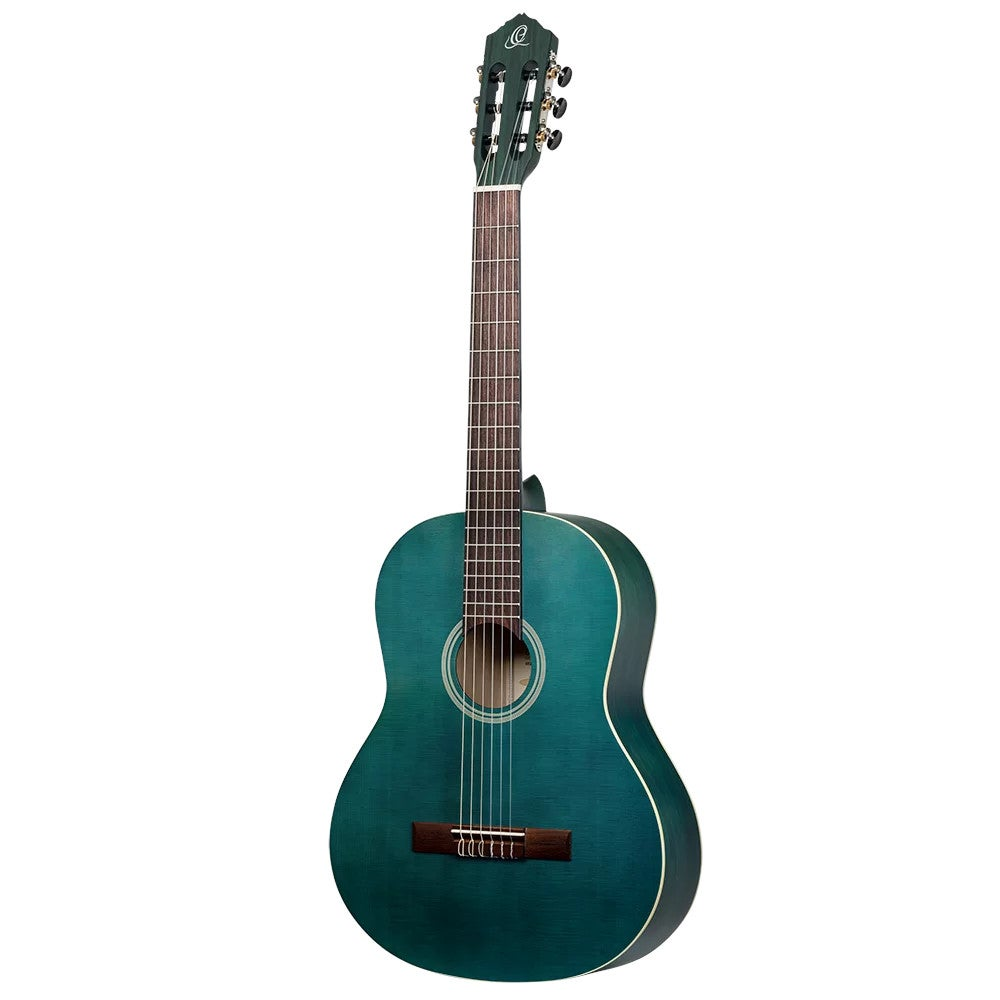 Een donkergroene akoestische gitaar staat centraal, met zes snaren en een houten brug.