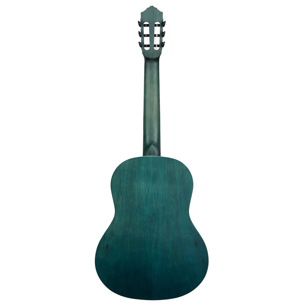 Achterkant van een teal akoestische gitaar, met hals en kop.