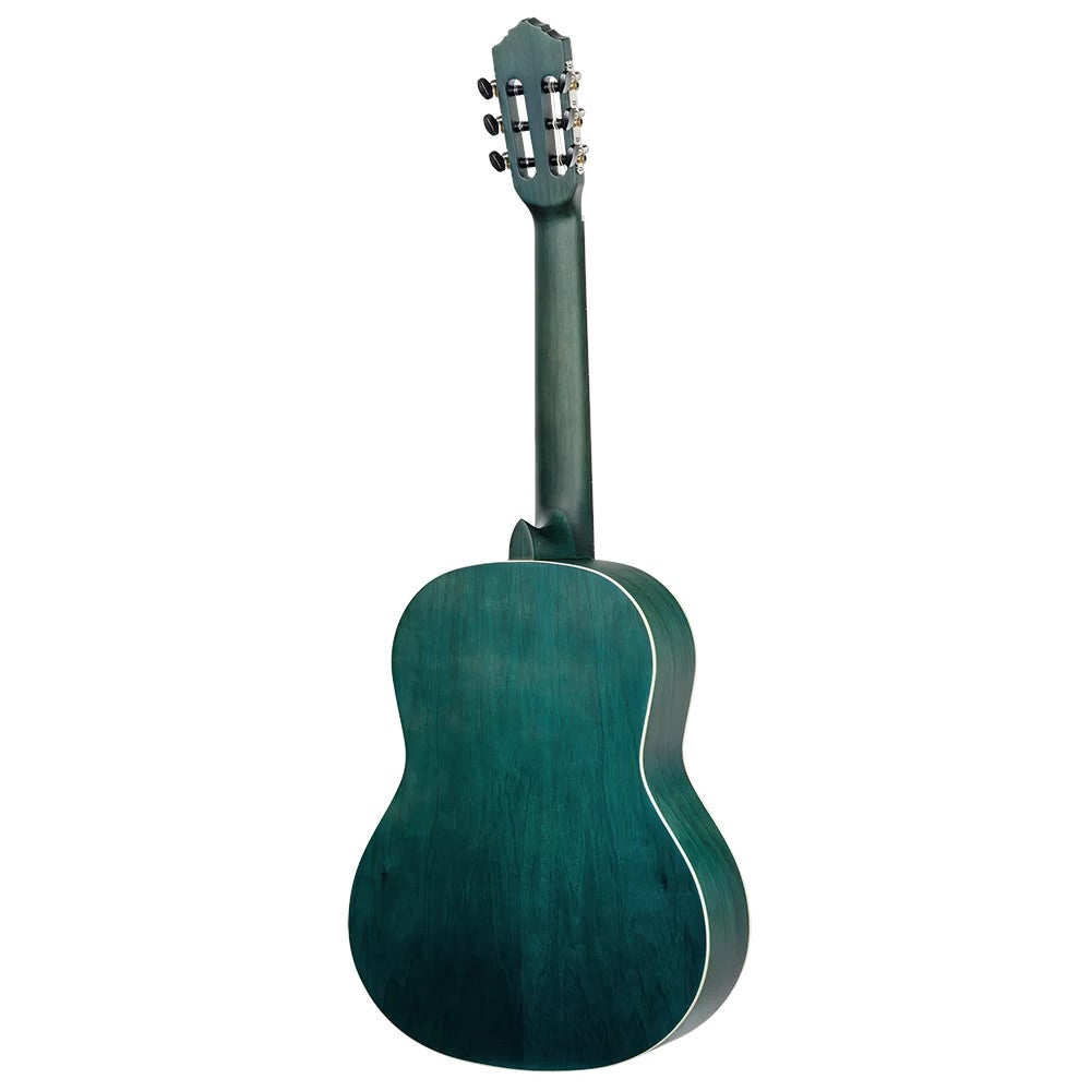 Een donkergroene akoestische gitaar van achteren gezien, met witte binding.