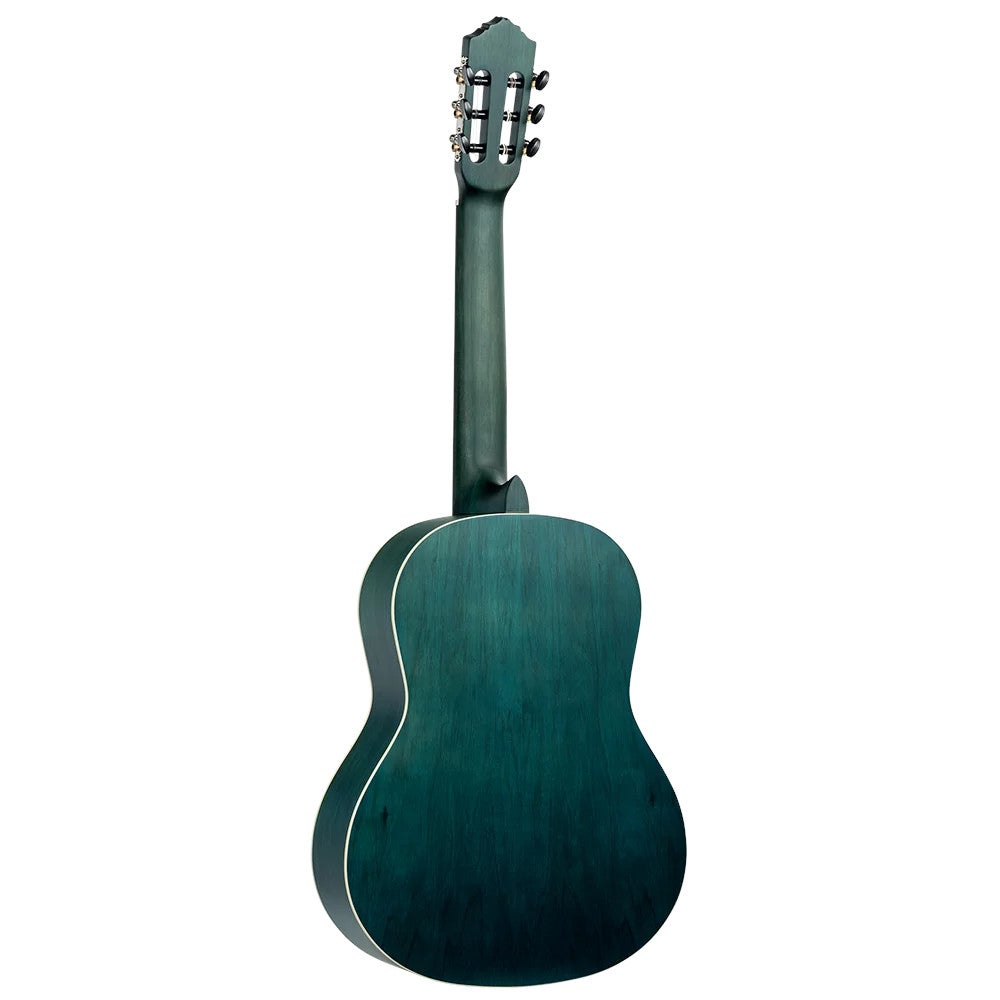 Achterkant van een donkergroene akoestische gitaar met witte binding en zilveren stemmechanieken.