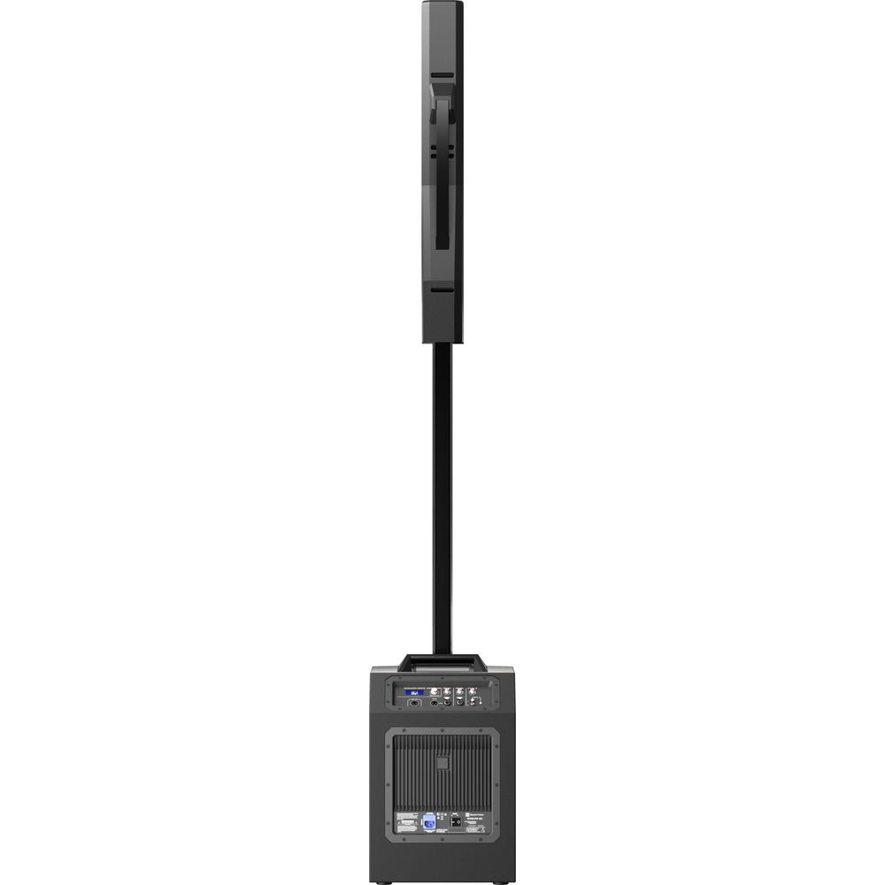 A black column speaker with a subwoofer base and a tall, slim speaker module on top.