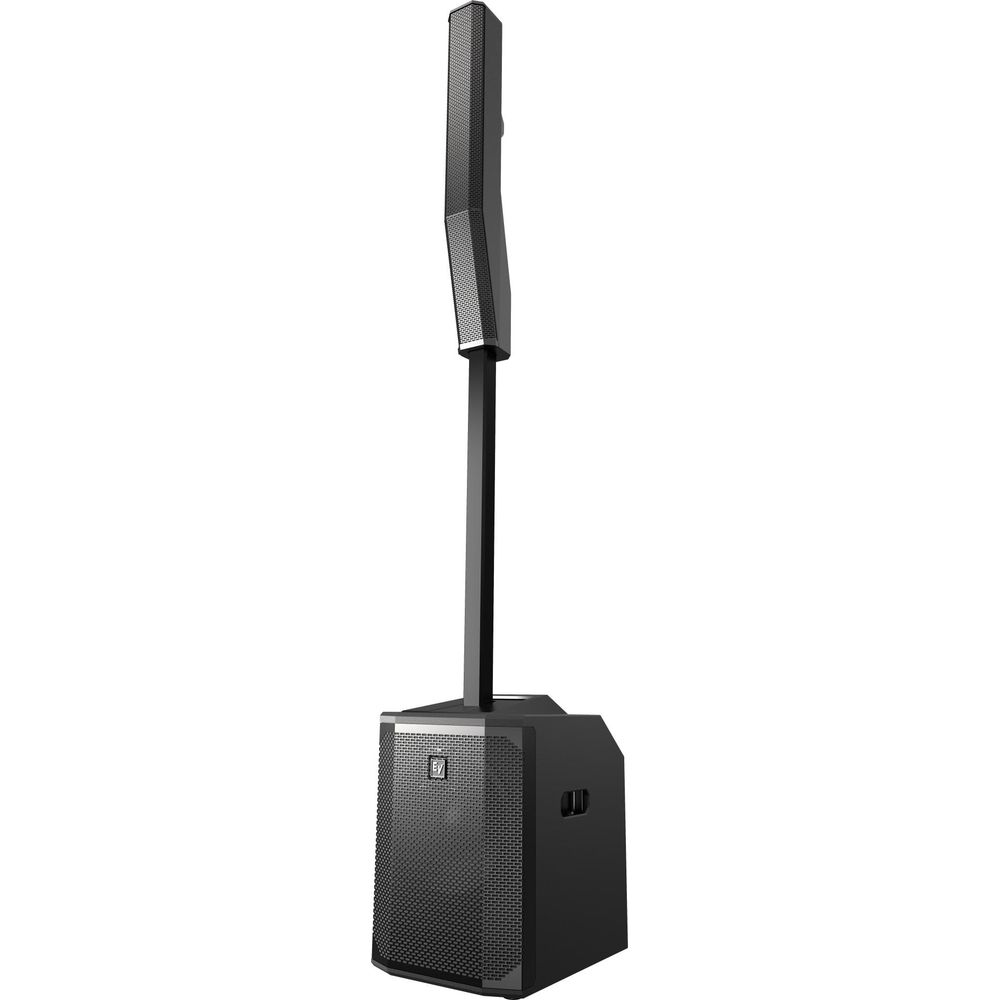 A black column speaker on a stand, isolated on a white background.