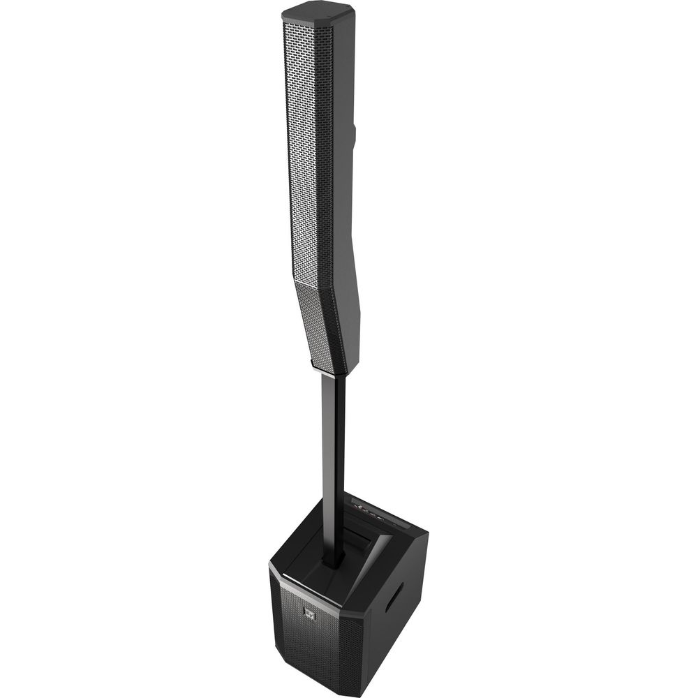 A tall, black, modern PA speaker system on a white background.