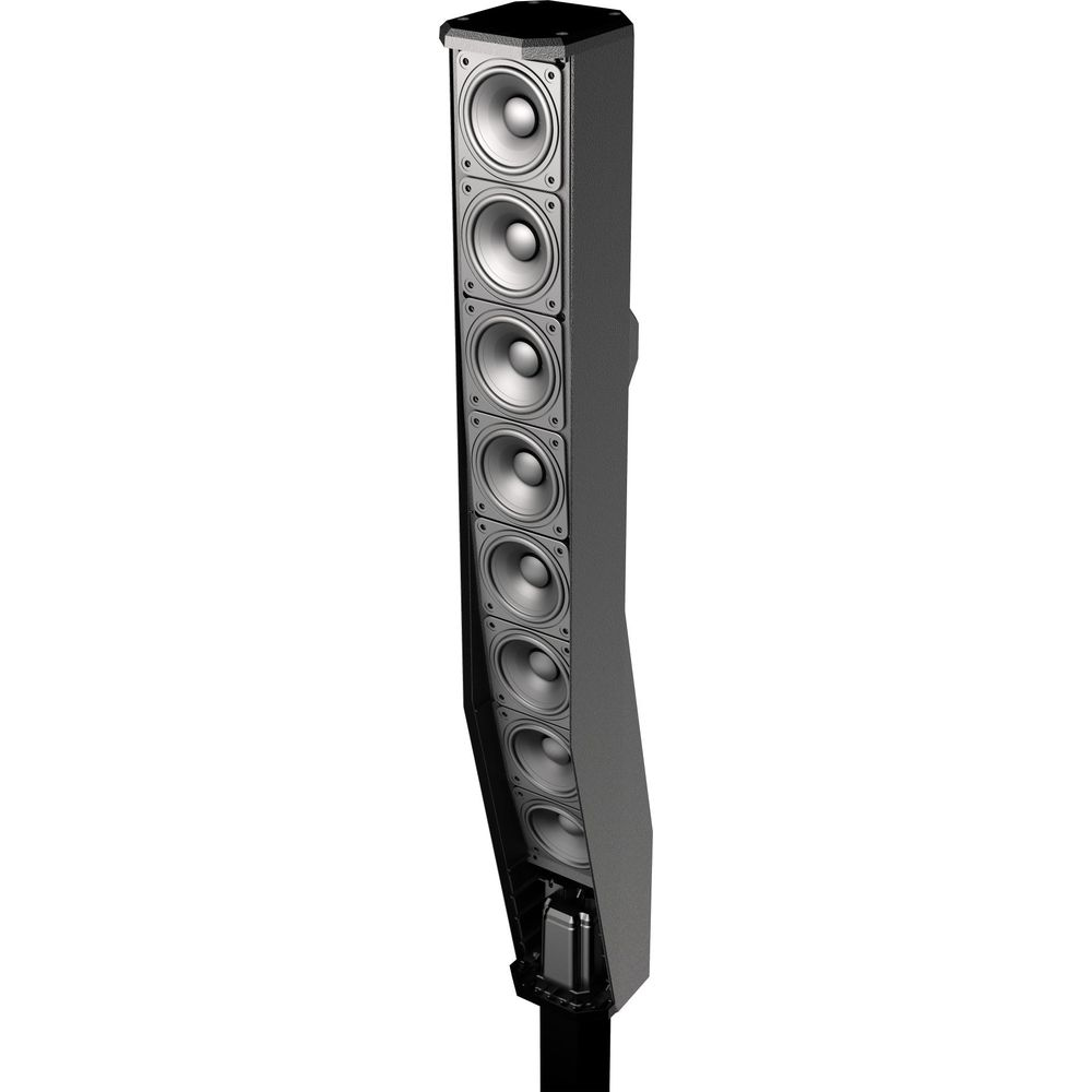 A tall, slim, black speaker with eight drivers, standing vertically.