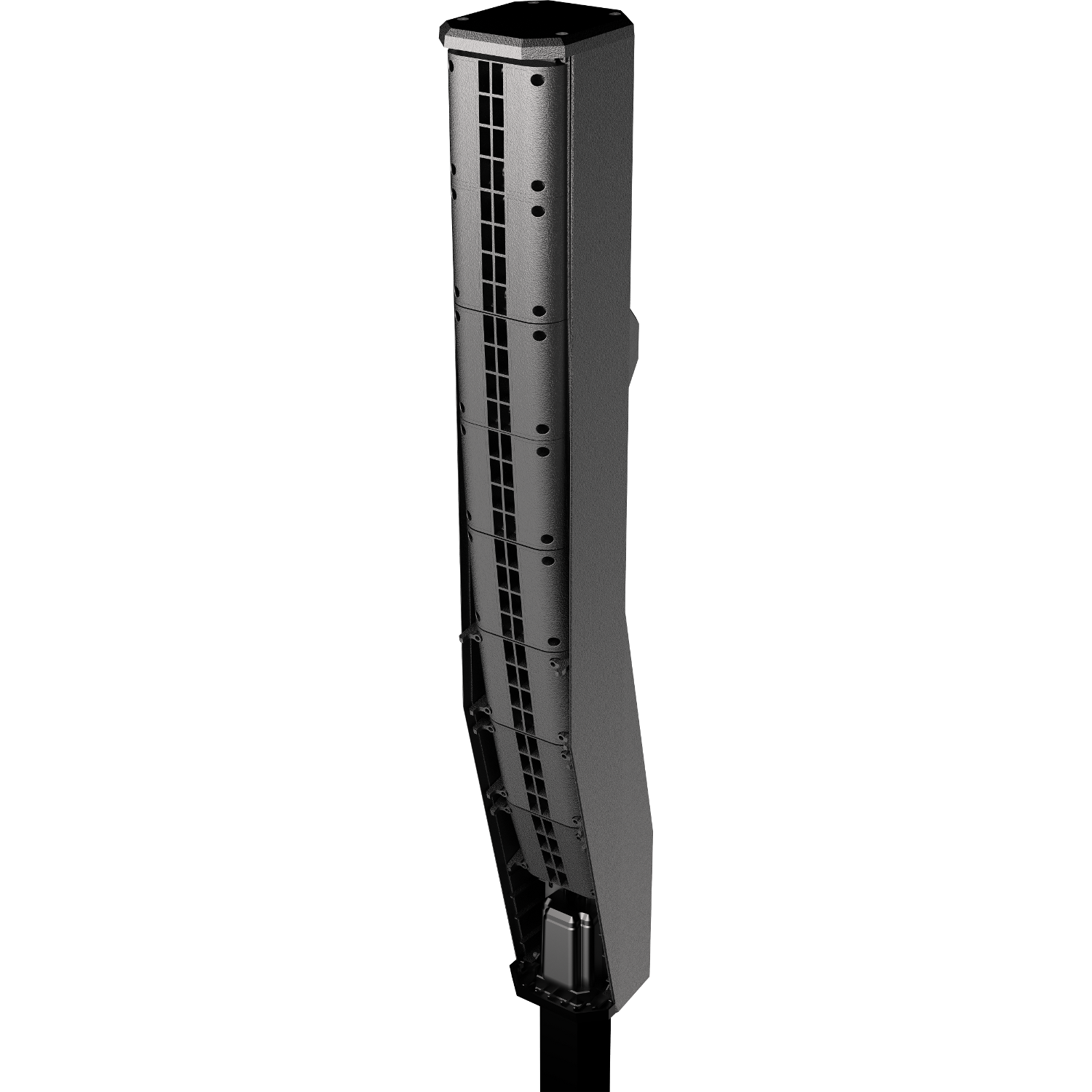 A slender, black column speaker with grille and vents on a white background.