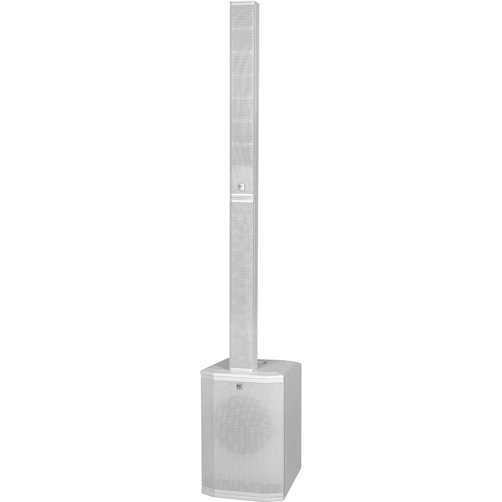 A white column loudspeaker system with a subwoofer.