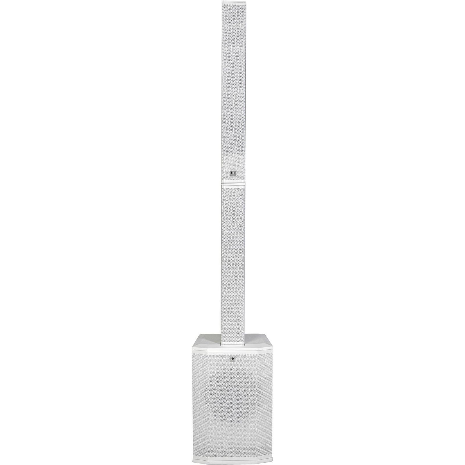 A white column speaker with subwoofer stands against a white background.