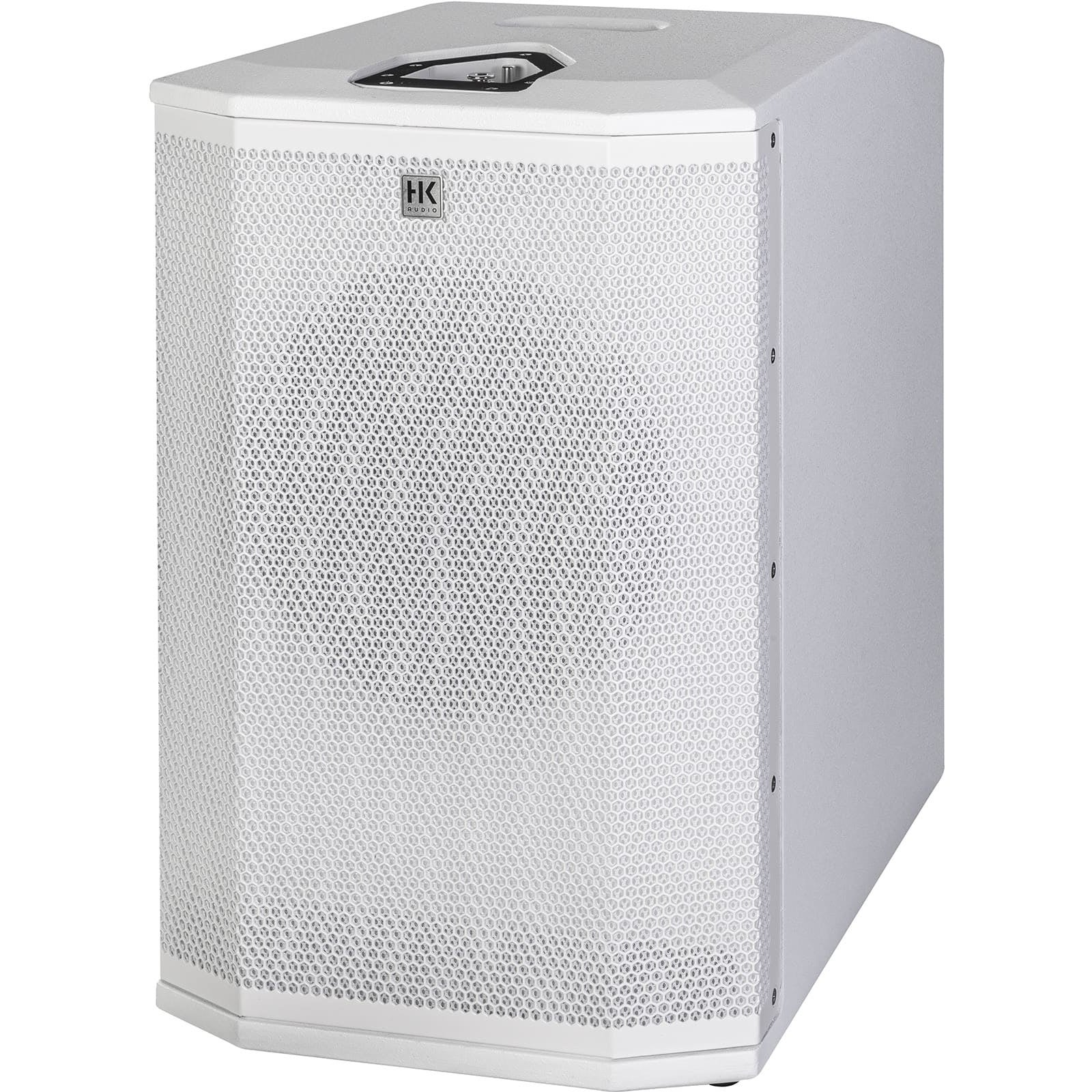 A white speaker with a hexagonal grille and an HK Audio logo on the front.