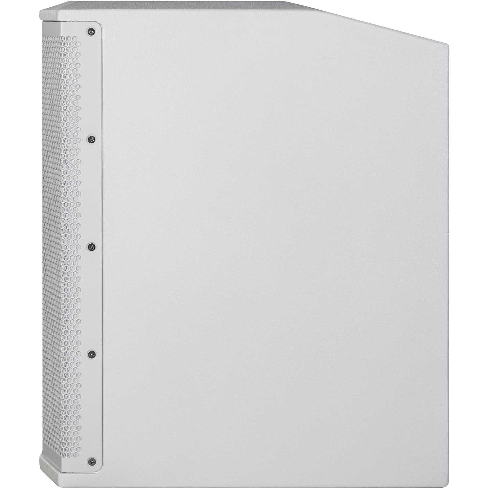 White speaker cabinet, side view with perforated grille and screws.