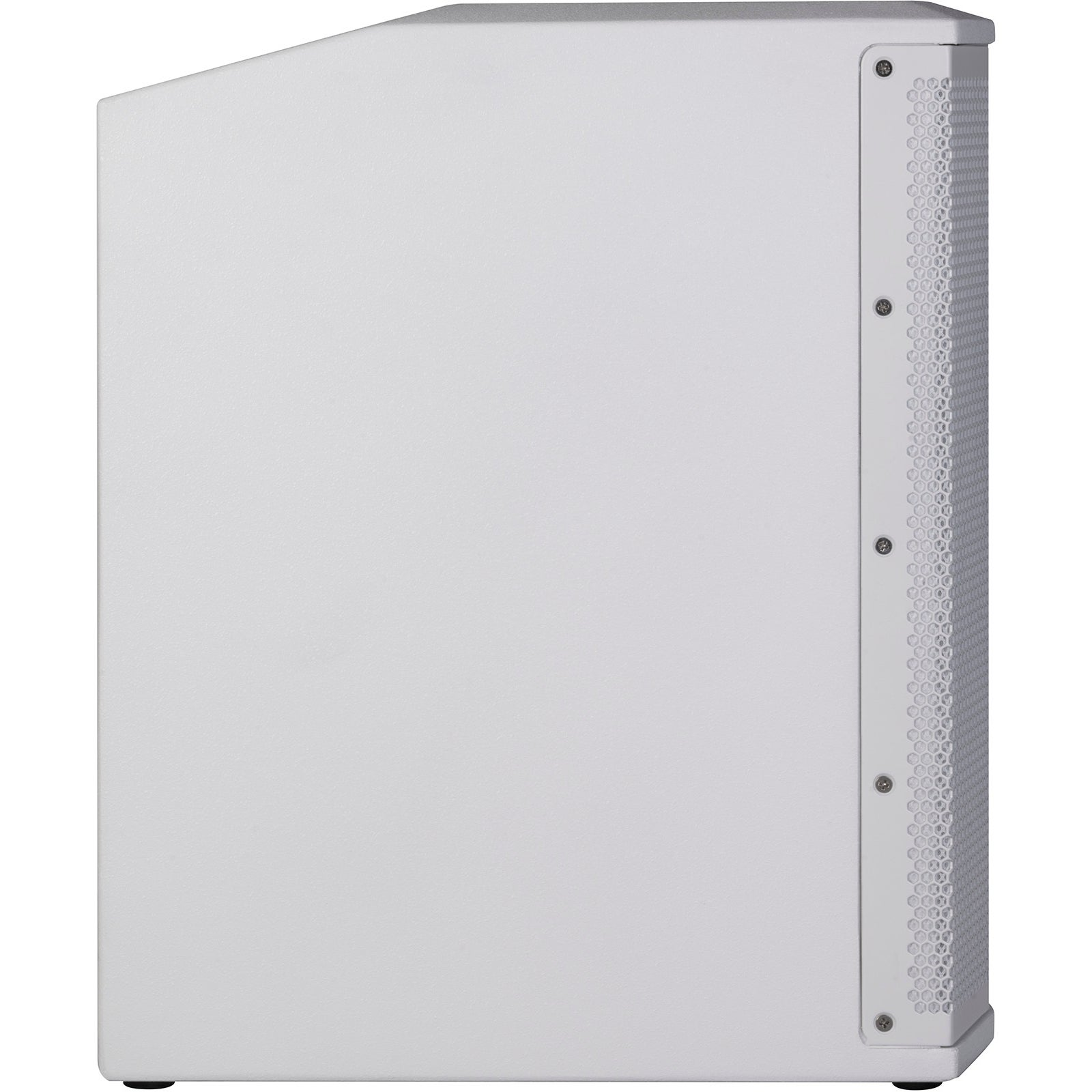 A white speaker cabinet is shown from the side. The front has a hexagonal grille.
