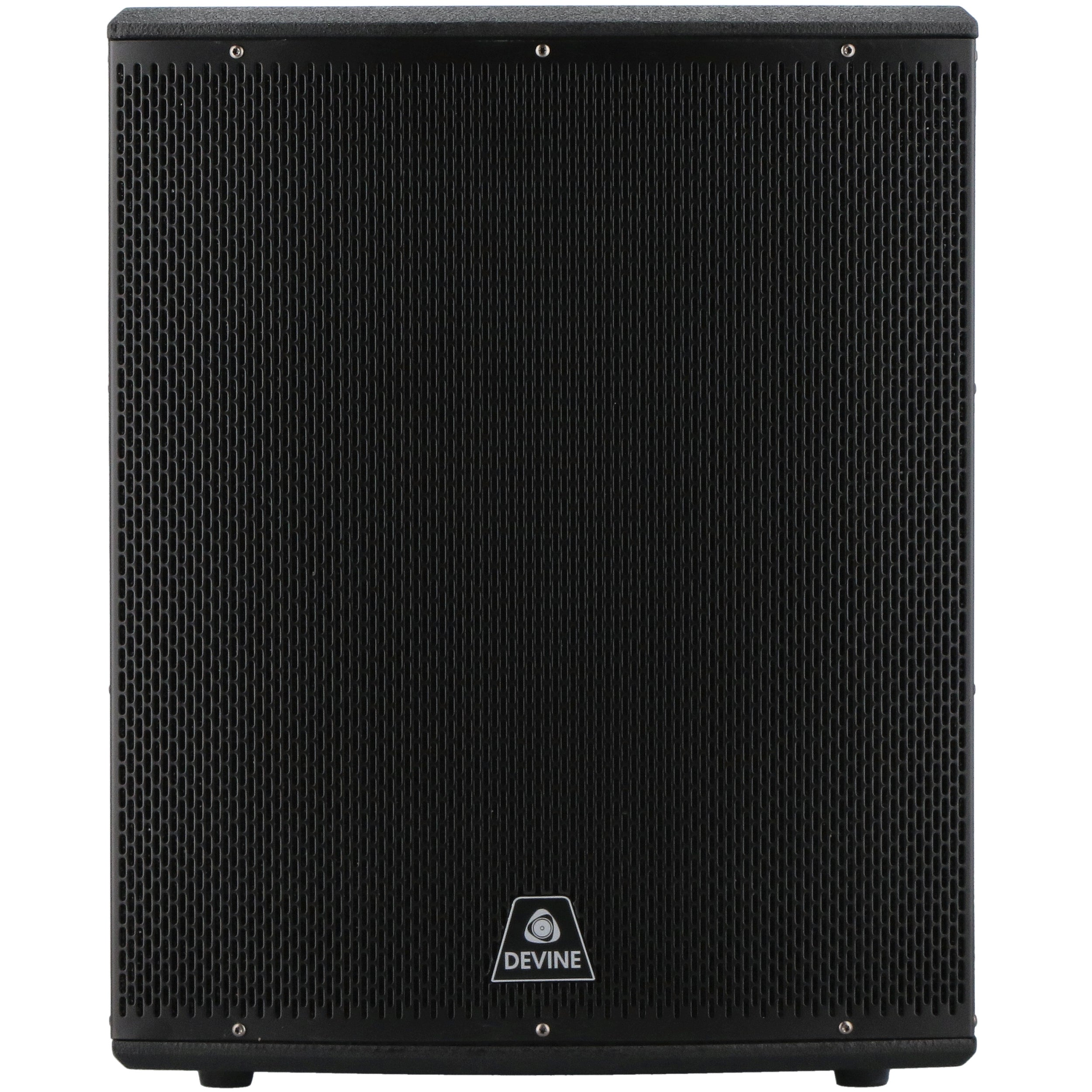 Black speaker with grille and Devine logo, on a white background.
