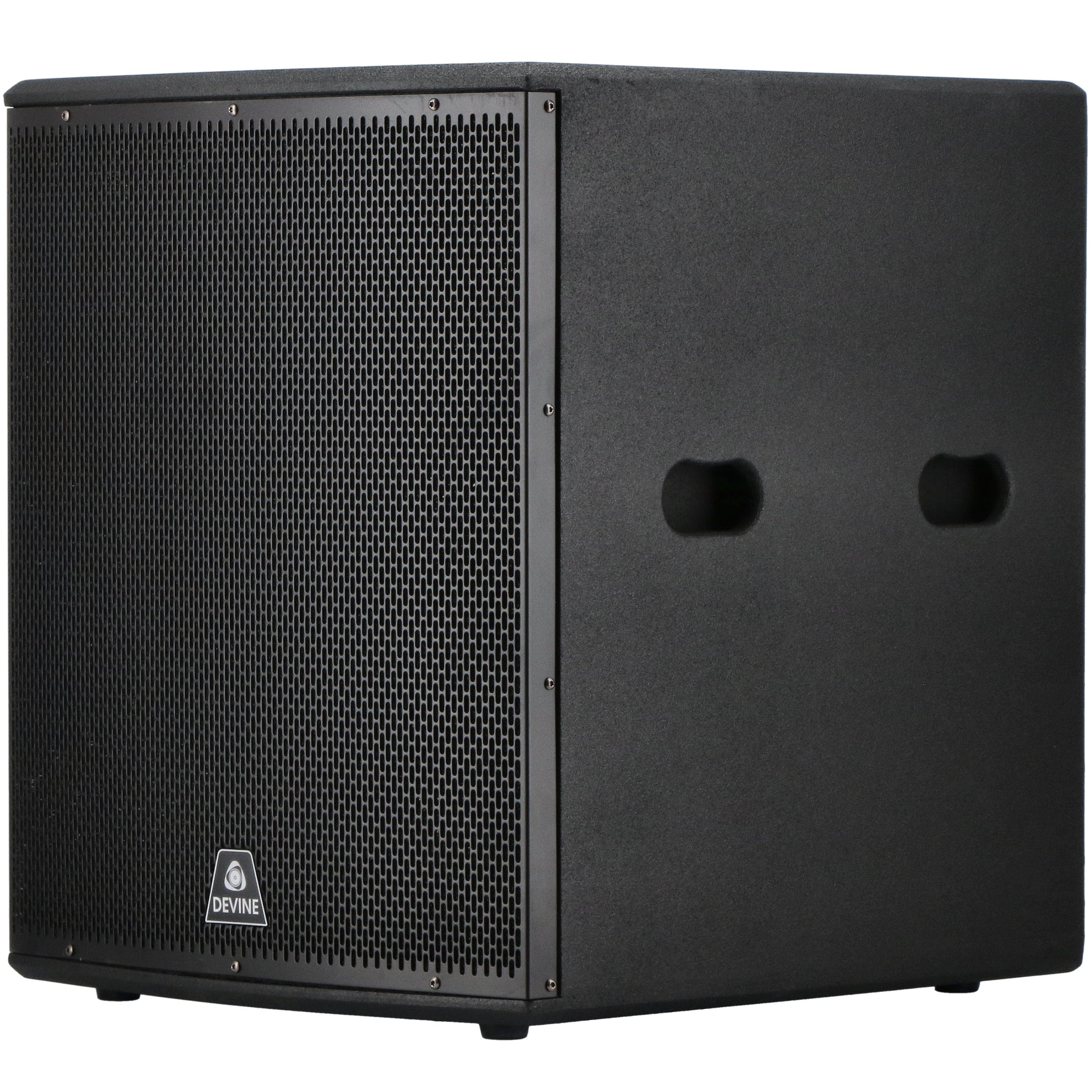 A black subwoofer with a grille on the front and two handles on the side.