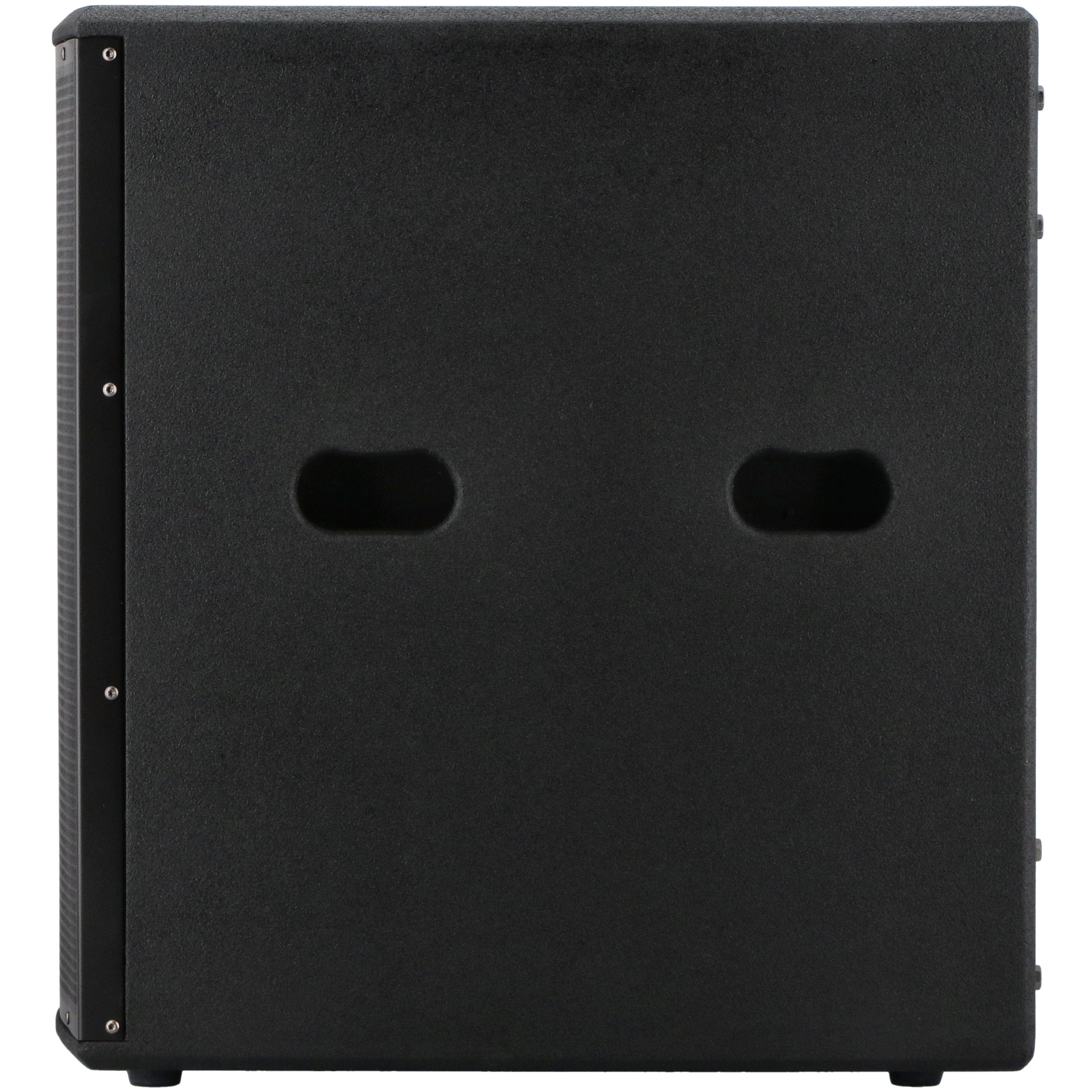 Black speaker cabinet with two recessed handles and silver fittings.