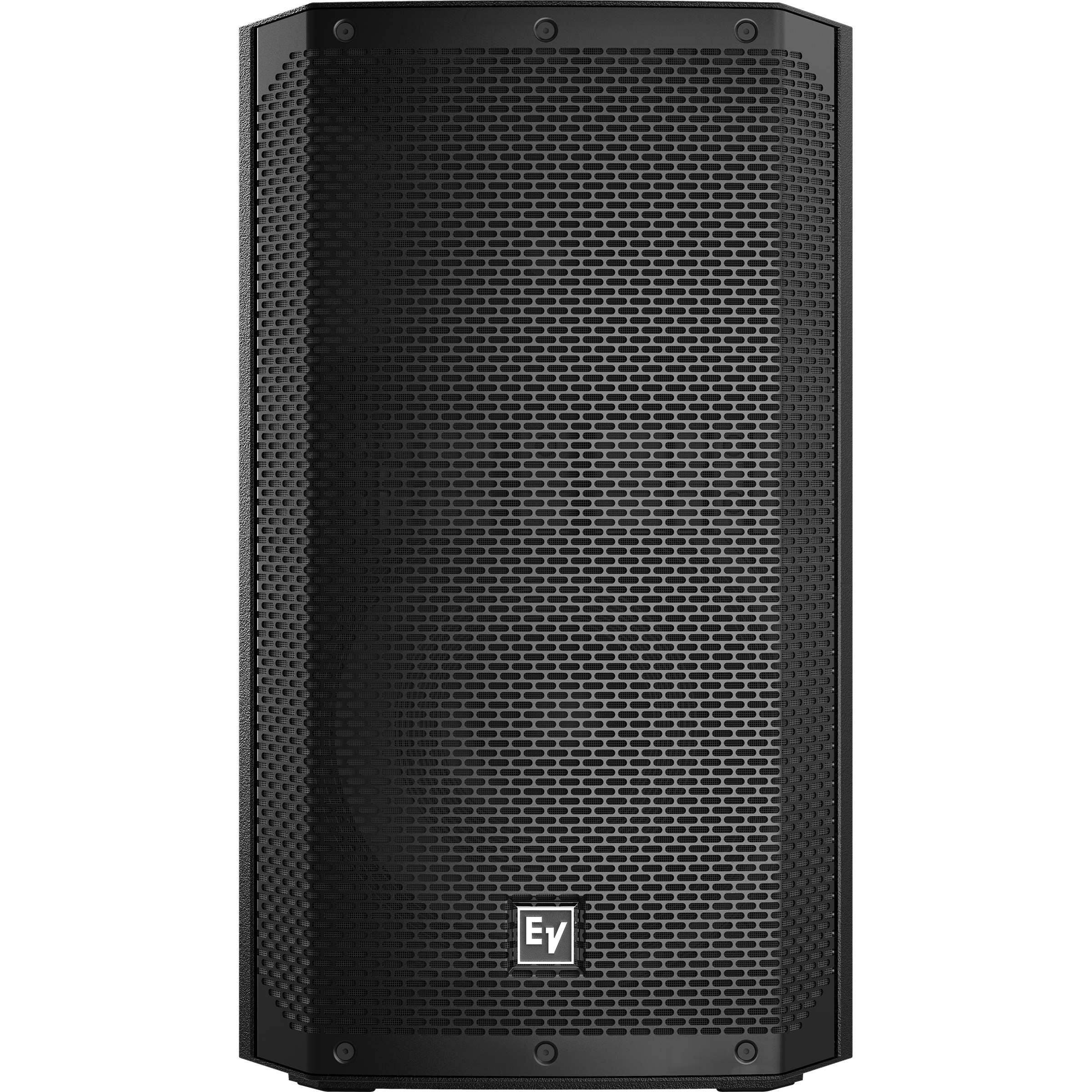 Black speaker with silver EV logo and perforated grille on the front.