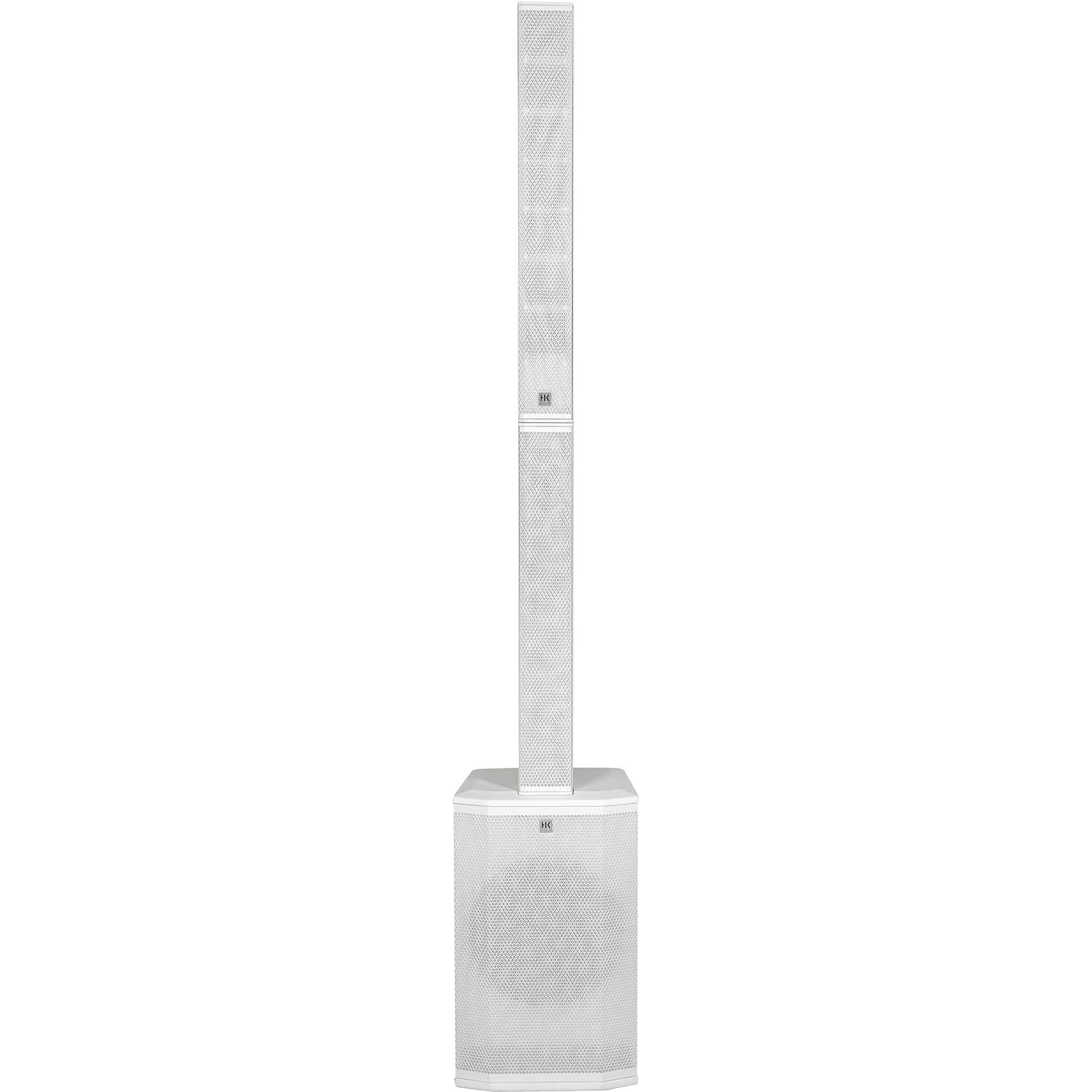 A white column speaker with a subwoofer base and two vertical columns.