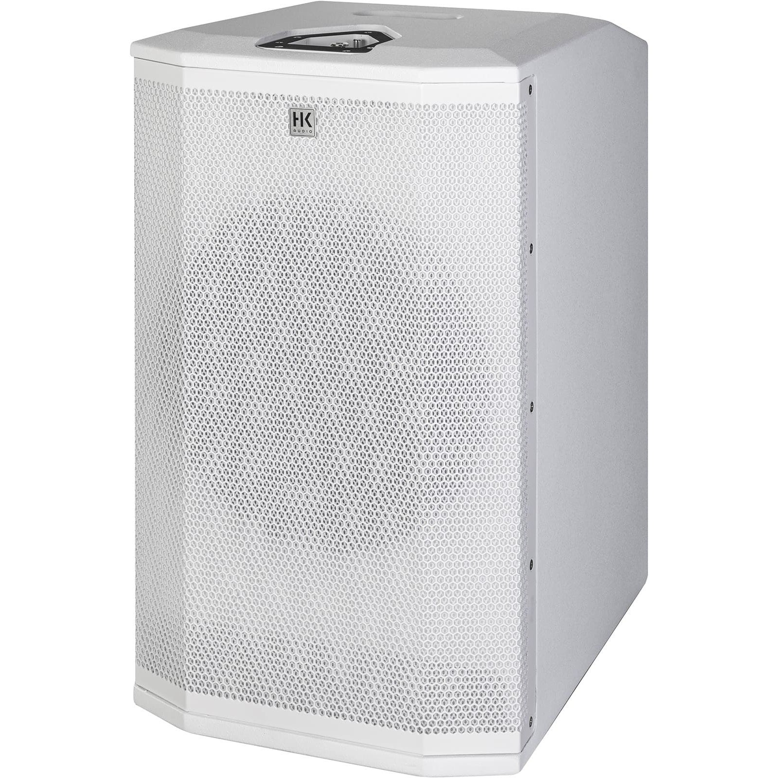 A white speaker with a grille on the front and the HK Audio logo.