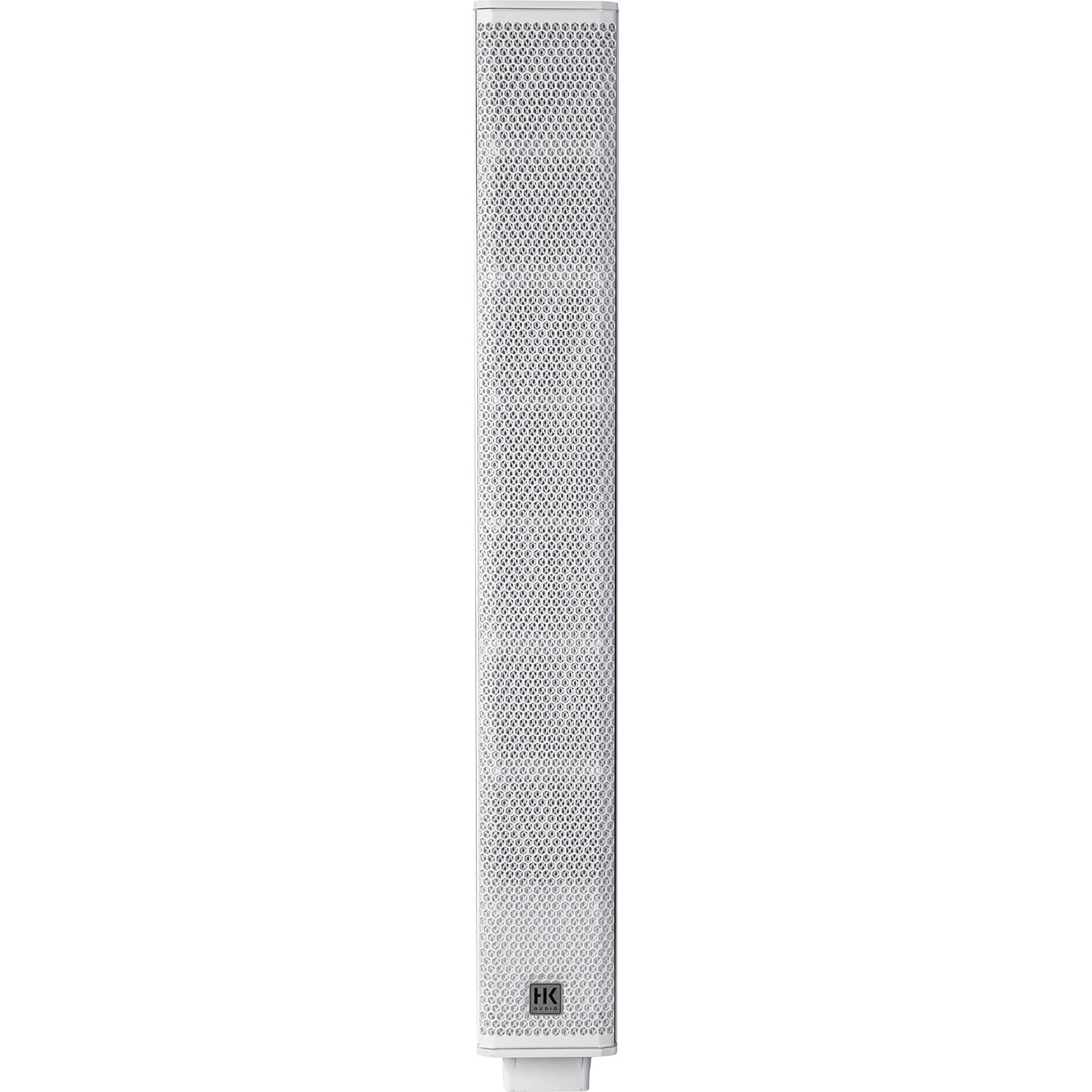 A tall, white speaker with a perforated grille and an HK Audio logo.