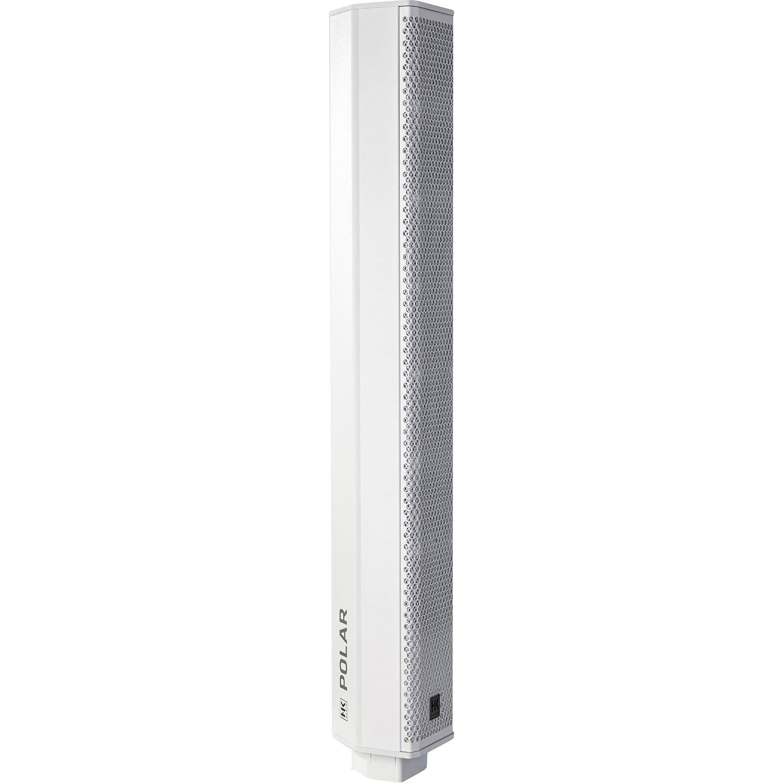 A tall, slender white speaker with a perforated grille.
