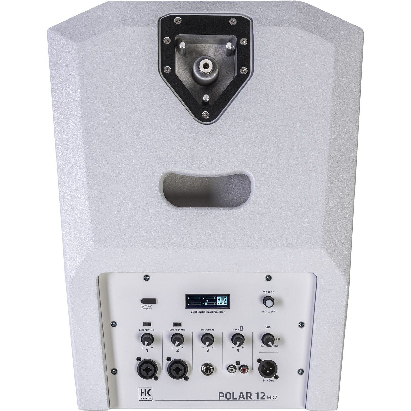 Rear view of a white speaker with inputs, knobs, and an LCD display.